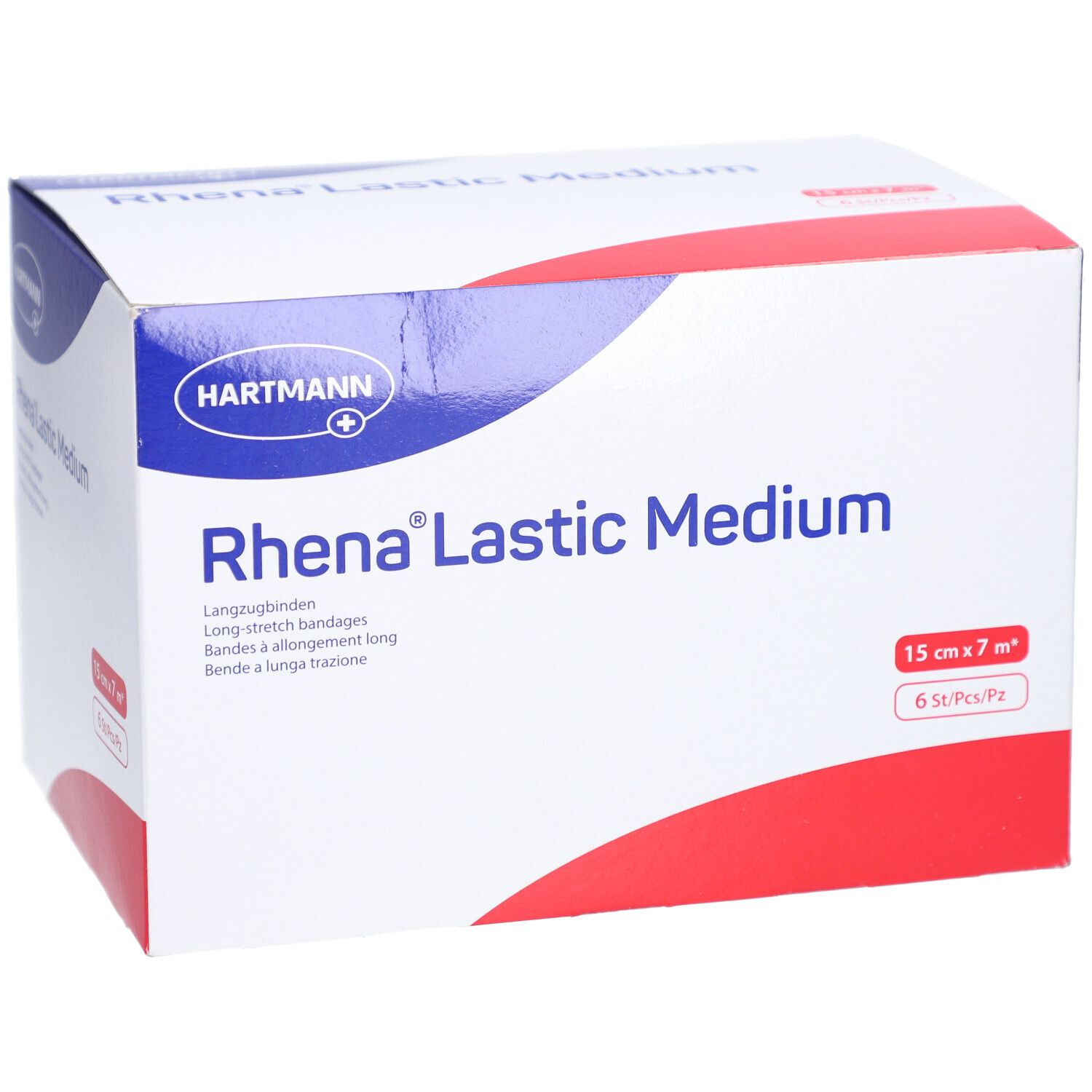 Verpackung von HARTMANN Rhena® Lastic Medium. Aufschrift: 15 cm x 7 m, 6 Stück. Blau-weiß-rote Farbgebung.