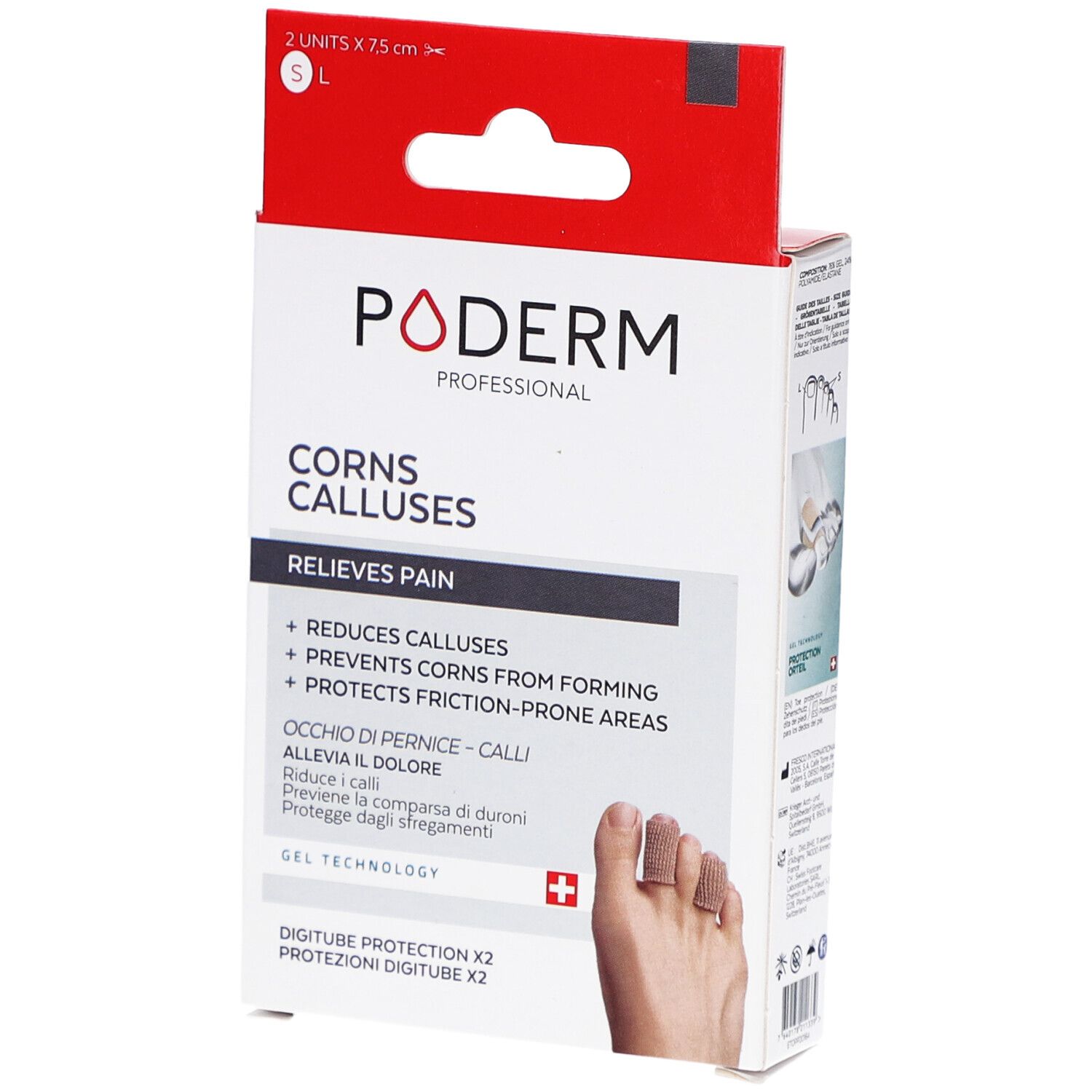 Boîte PODERM PROF. Contient 2 protections pour orteils. Inscription: Corns Calluses. Swiss Lab.