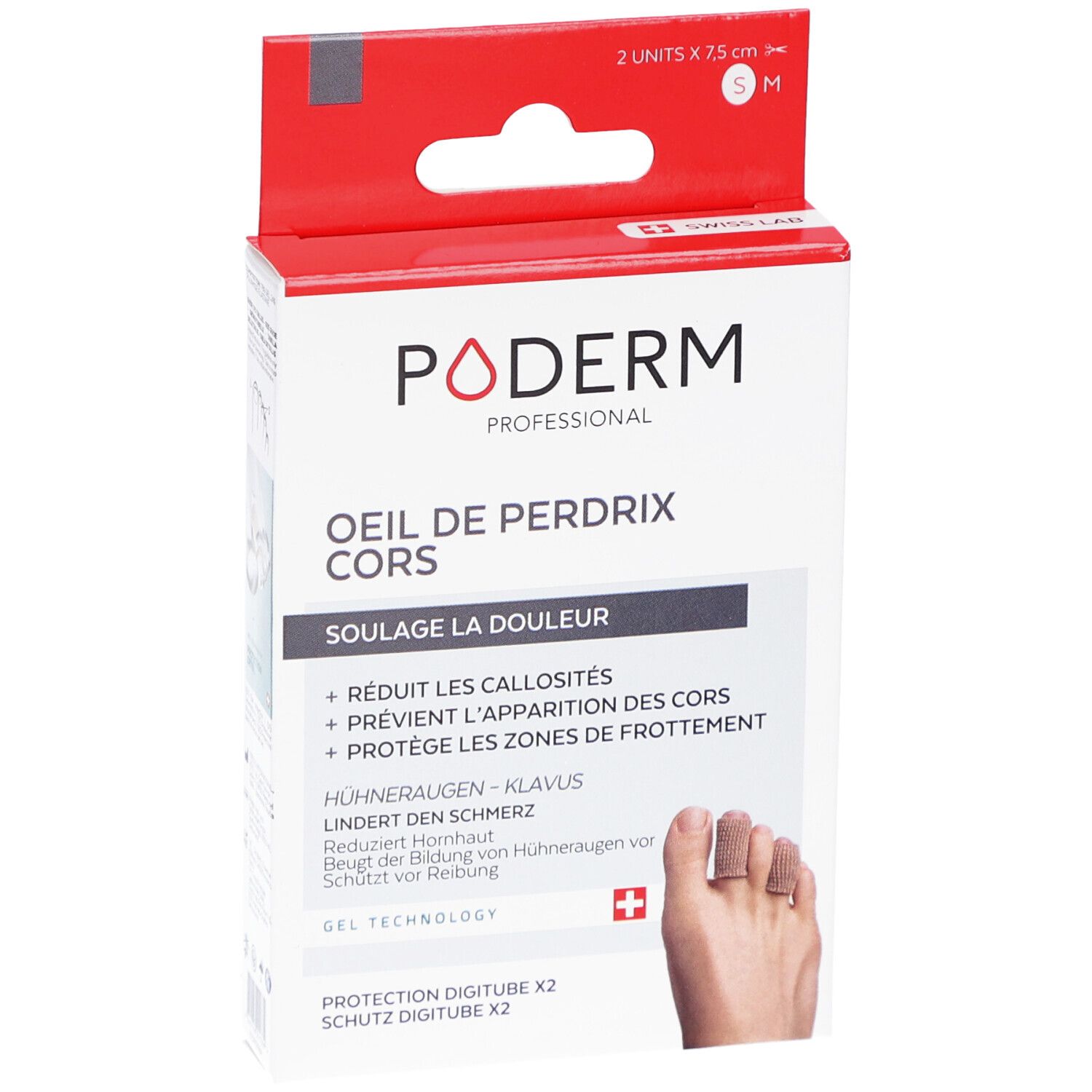 Boîte PODERM PROF. Contient 2 protections pour orteils. Inscription: Oeil de Perdrix Cors. Swiss Lab.