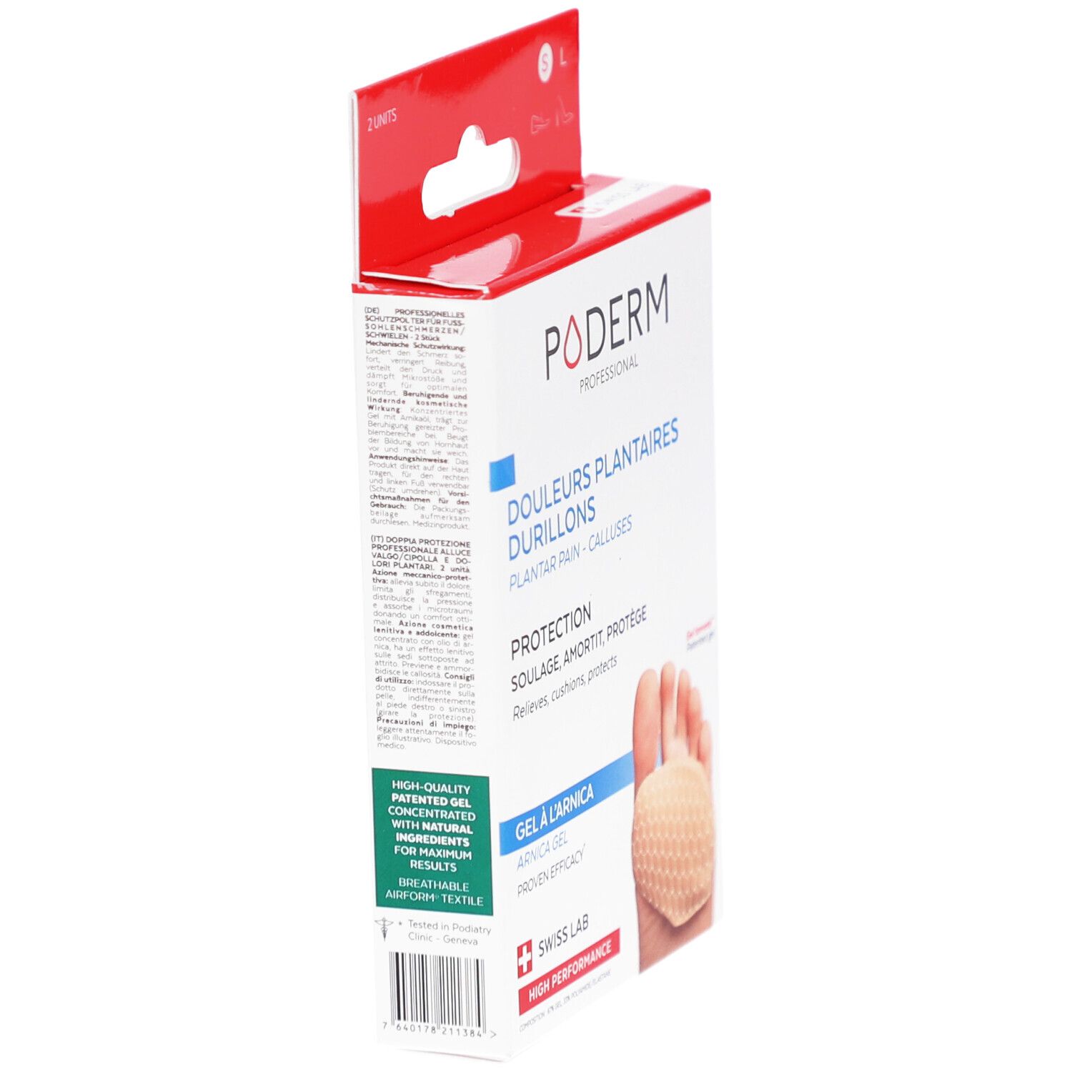 Vue latérale de la boîte PODERM. Texte: Douleurs, durillons, protection, gel à l'arnica. Swiss Lab. Illustration.