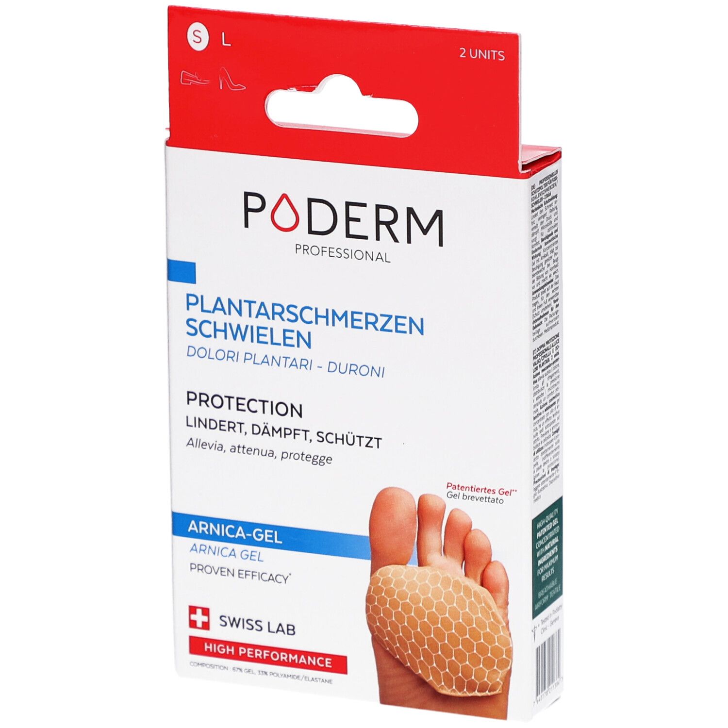 Boîte de 2 coussinets plantaires PODERM. Texte: Douleurs plantaires, durillons, protection, gel à l'arnica. Swiss Lab.