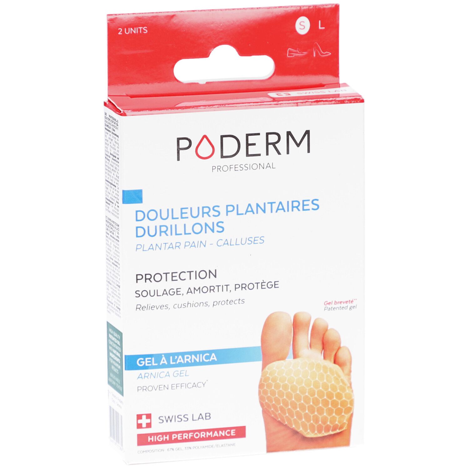 Boîte de 2 coussinets plantaires PODERM. Texte: Douleurs, durillons, protection, gel à l'arnica. Swiss Lab. S/L.