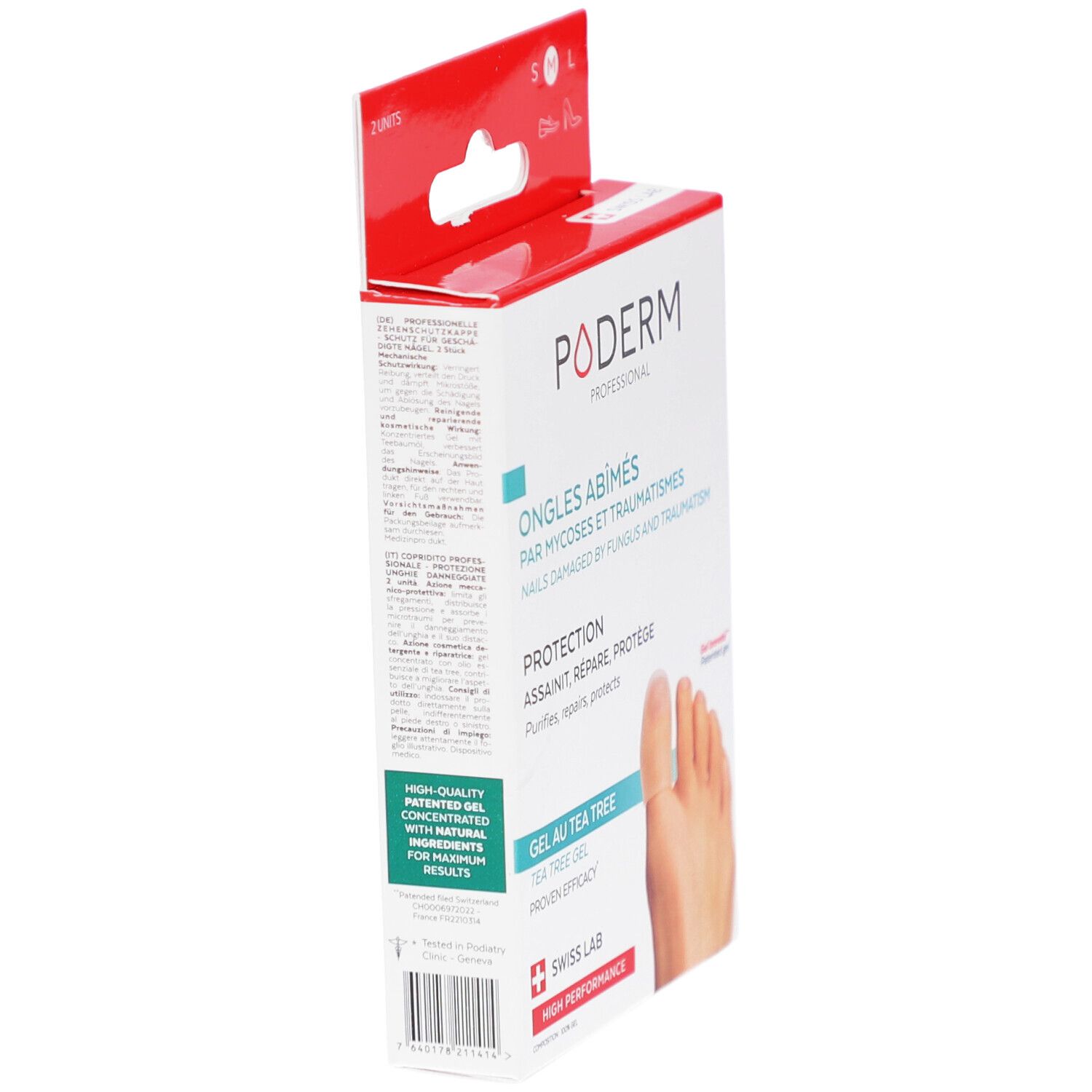 Vue latérale de la boîte PODERM, Ongles abîmés, Gel au Tea Tree. Logo Swiss Lab. Illustration de pied.