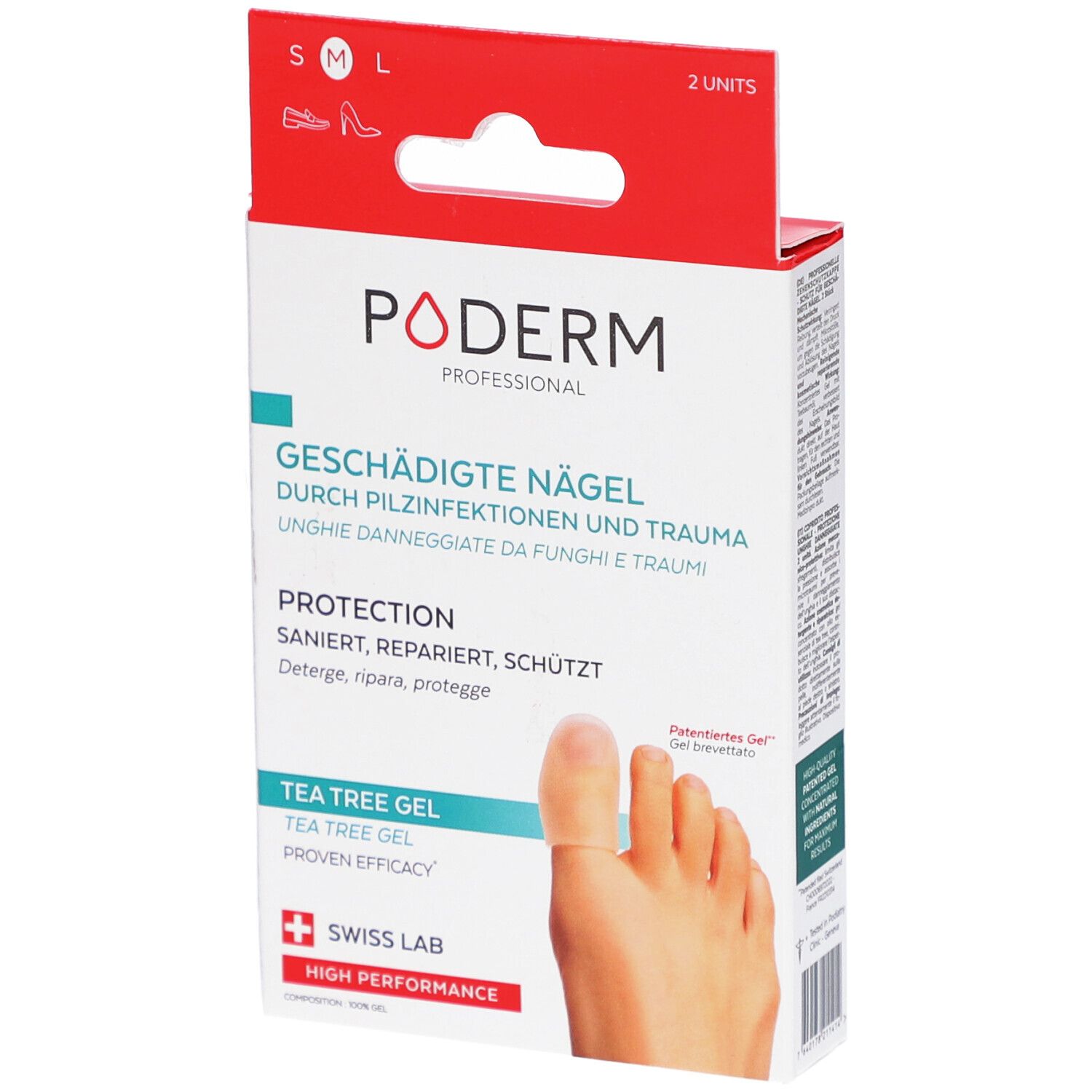 Boîte PODERM, Ongles abîmés, Gel au Tea Tree. Logo Swiss Lab. Pied avec applicateur de gel. Format M, 2 unités.