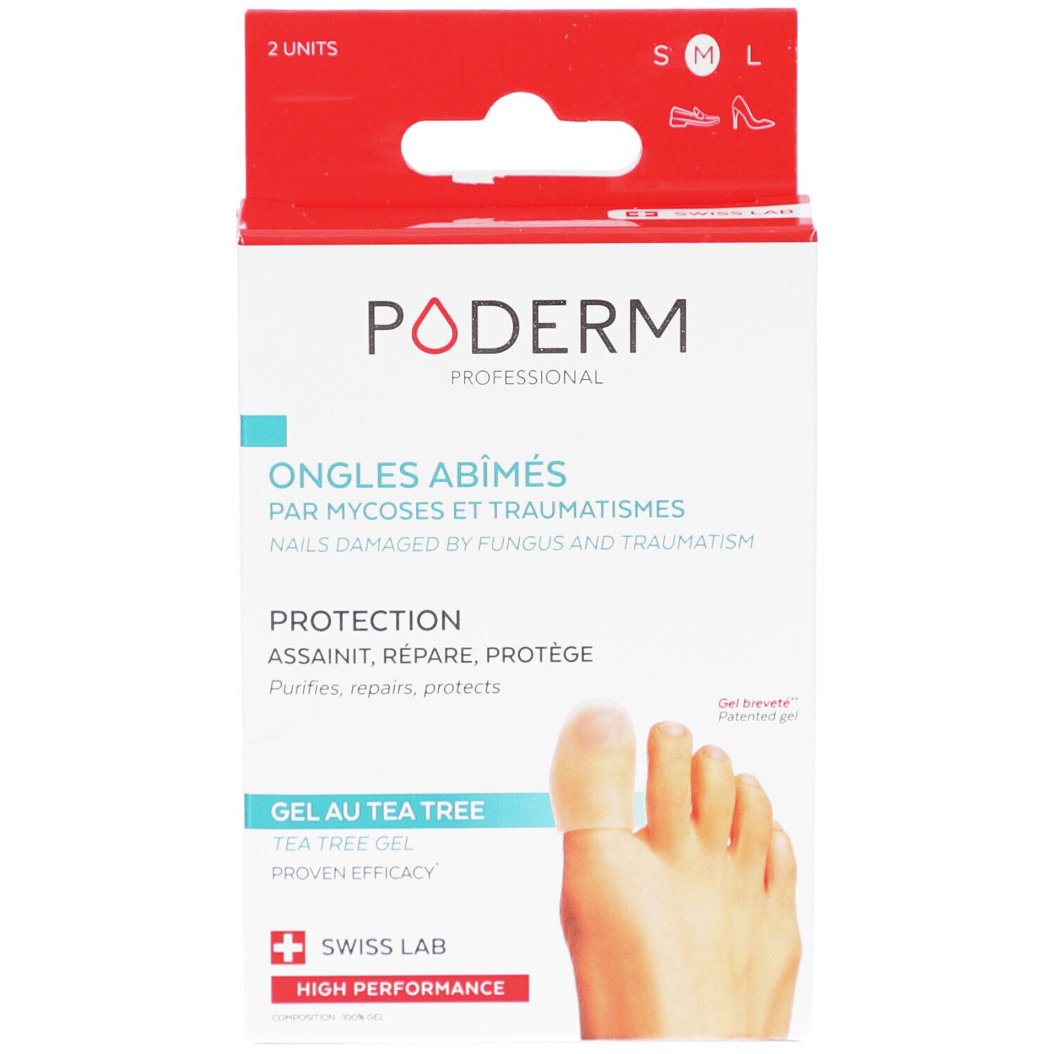 Boîte PODERM, Ongles abîmés, Gel au Tea Tree. Logo Swiss Lab. Pied avec applicateur de gel. Format M, 2 unités.