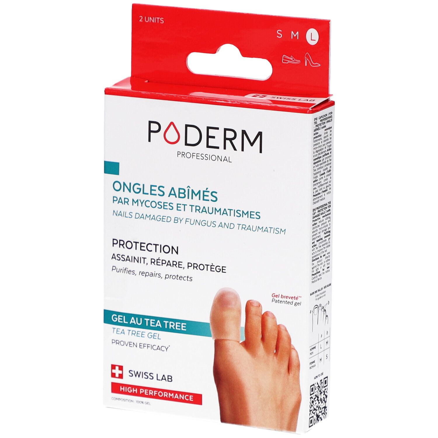 Verpackung mit Poderm-Produkt. Enthält zwei Einheiten. Größe L. Text: Ongles abîmés, Gel au Tea Tree, Swiss Lab.