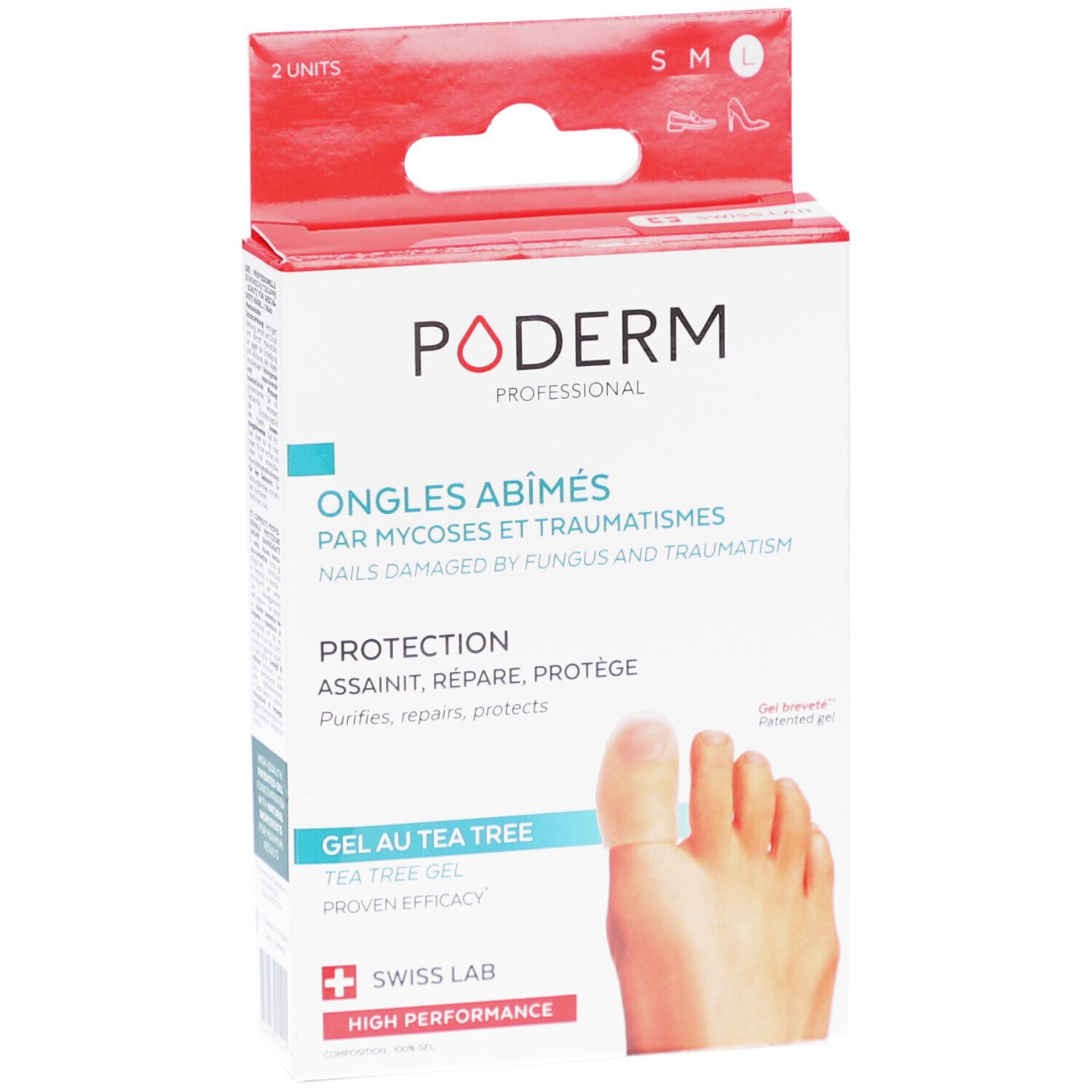 Poderm-Produktverpackung. Text: Ongles abîmés, Gel au Tea Tree, Swiss Lab. Größe L. 2 Einheiten.