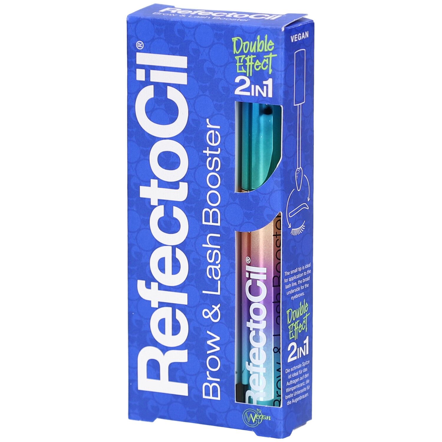 Emballage bleu et blanc avec logo RefectoCil et nom du produit. Contient deux tubes de booster. Sceau végétalien.