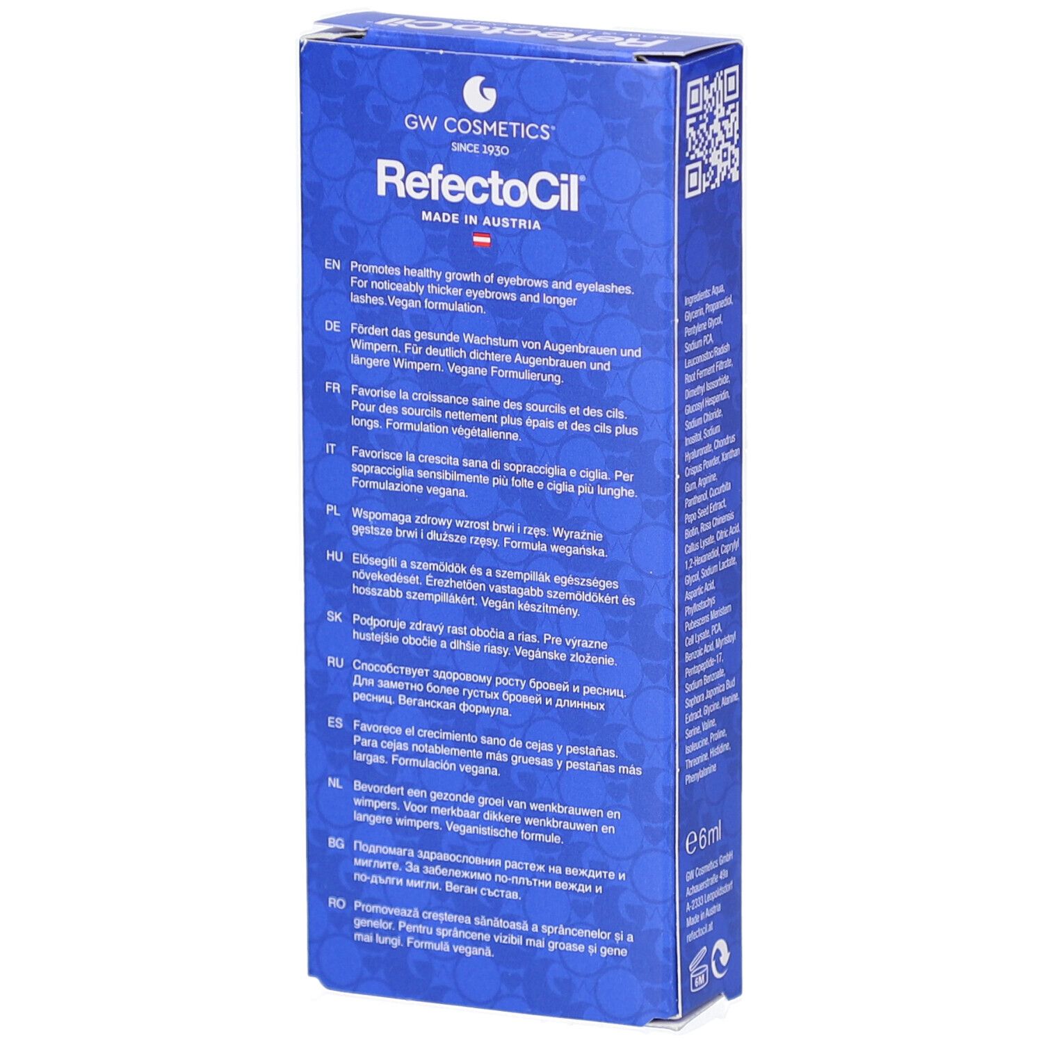 Emballage bleu avec logo RefectoCil et informations sur le produit. Contient des informations sur l'utilisation. Sceau végétalien.