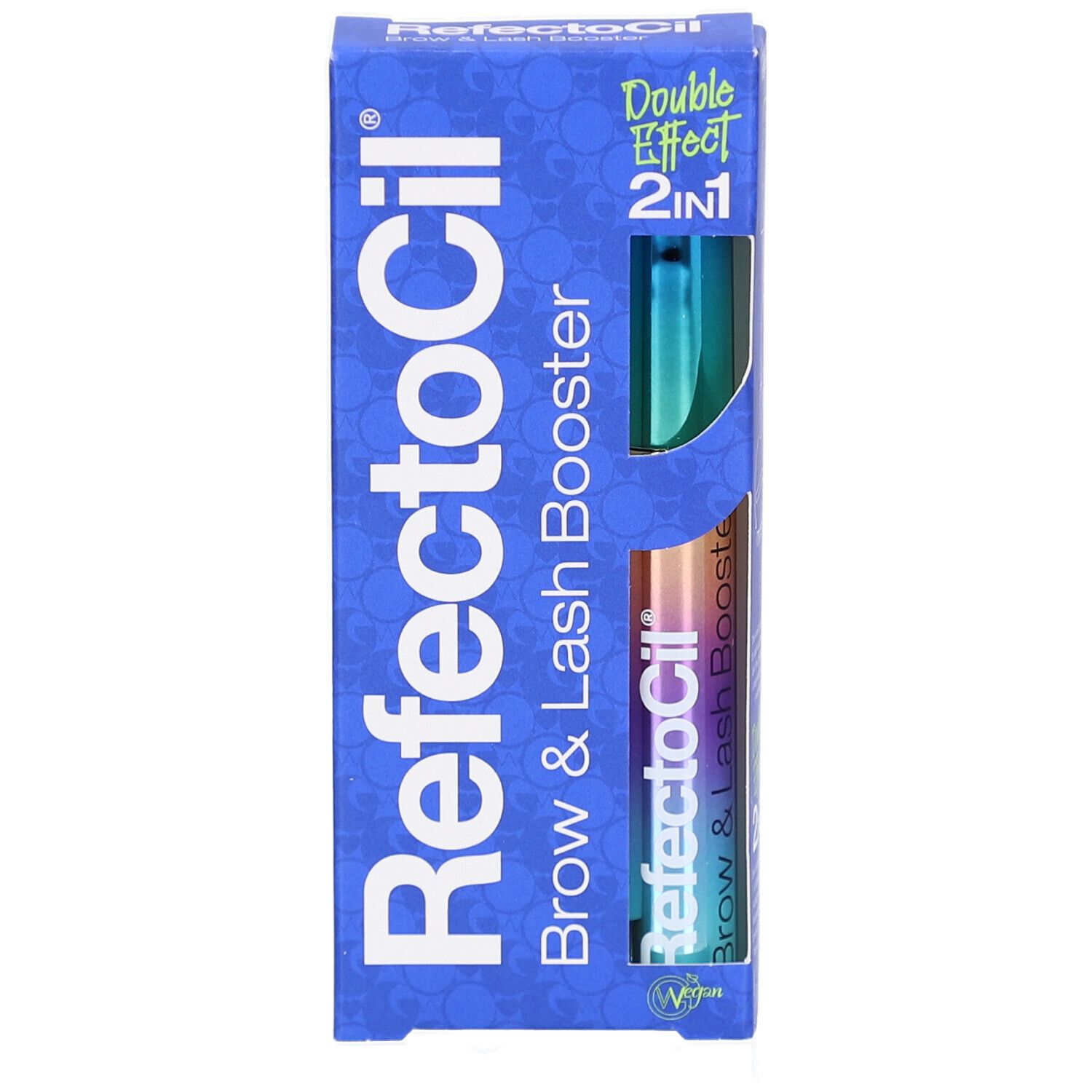 Emballage bleu et blanc avec logo RefectoCil et nom du produit. Contient deux tubes de booster. Sceau végétalien.