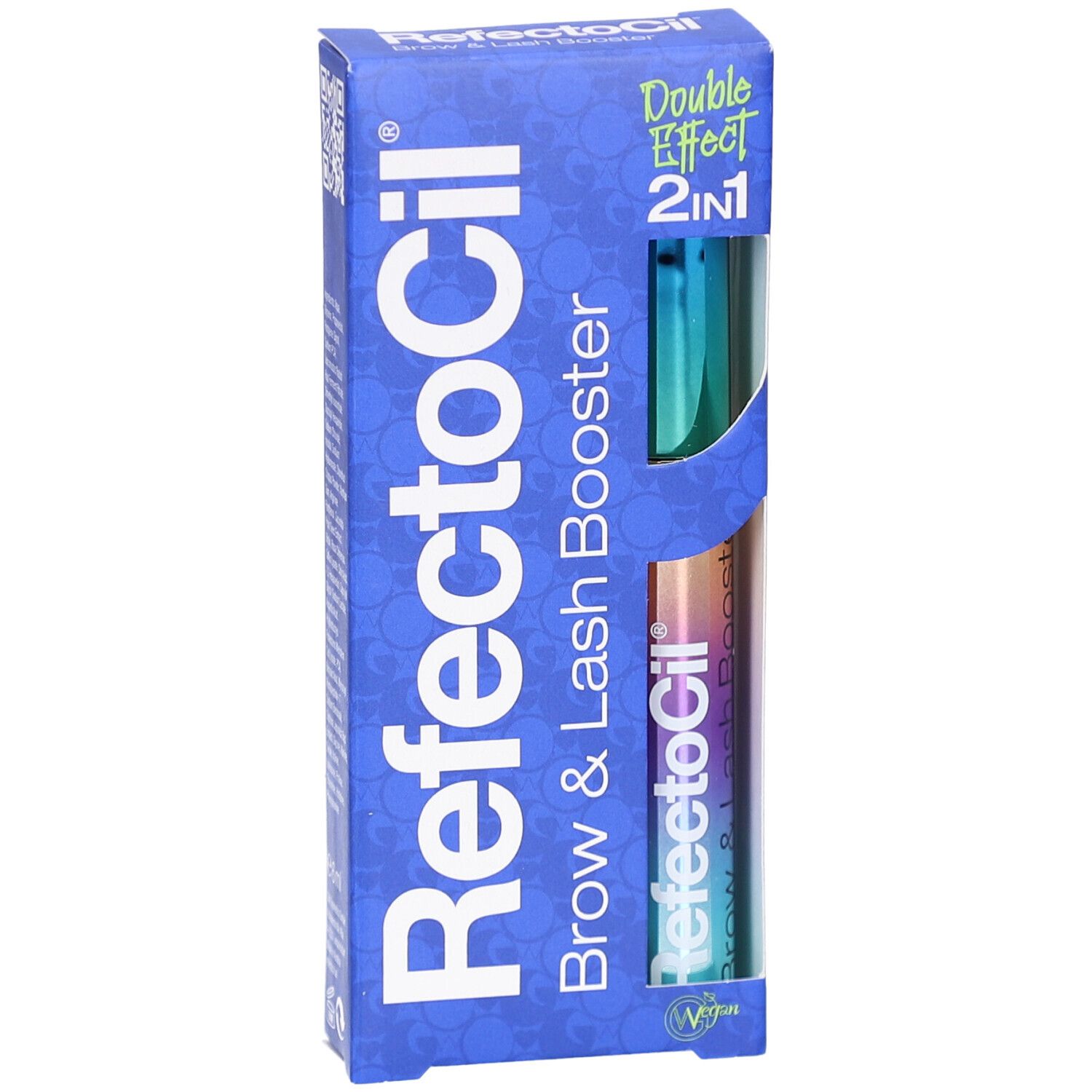 Emballage bleu et blanc avec logo RefectoCil et nom du produit. Contient deux tubes de booster. Sceau végétalien.