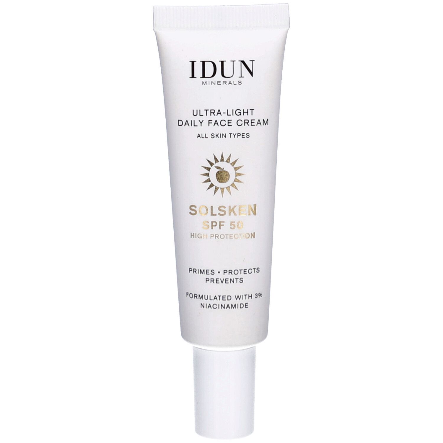 Tube blanche IDUN Minerals. Texte: Ultra-Light Daily Face Cream, Solsken SPF 50. Symbole solaire.
