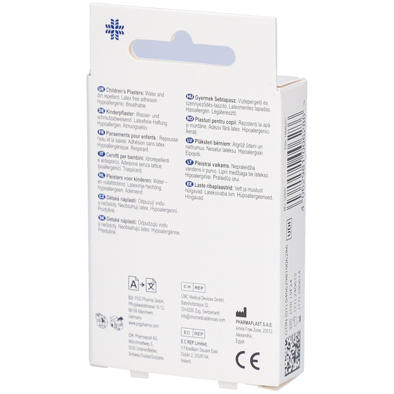 Rückseite der Verpackung mit Kinderpflastern. Text in mehreren Sprachen. CE-Kennzeichnung.