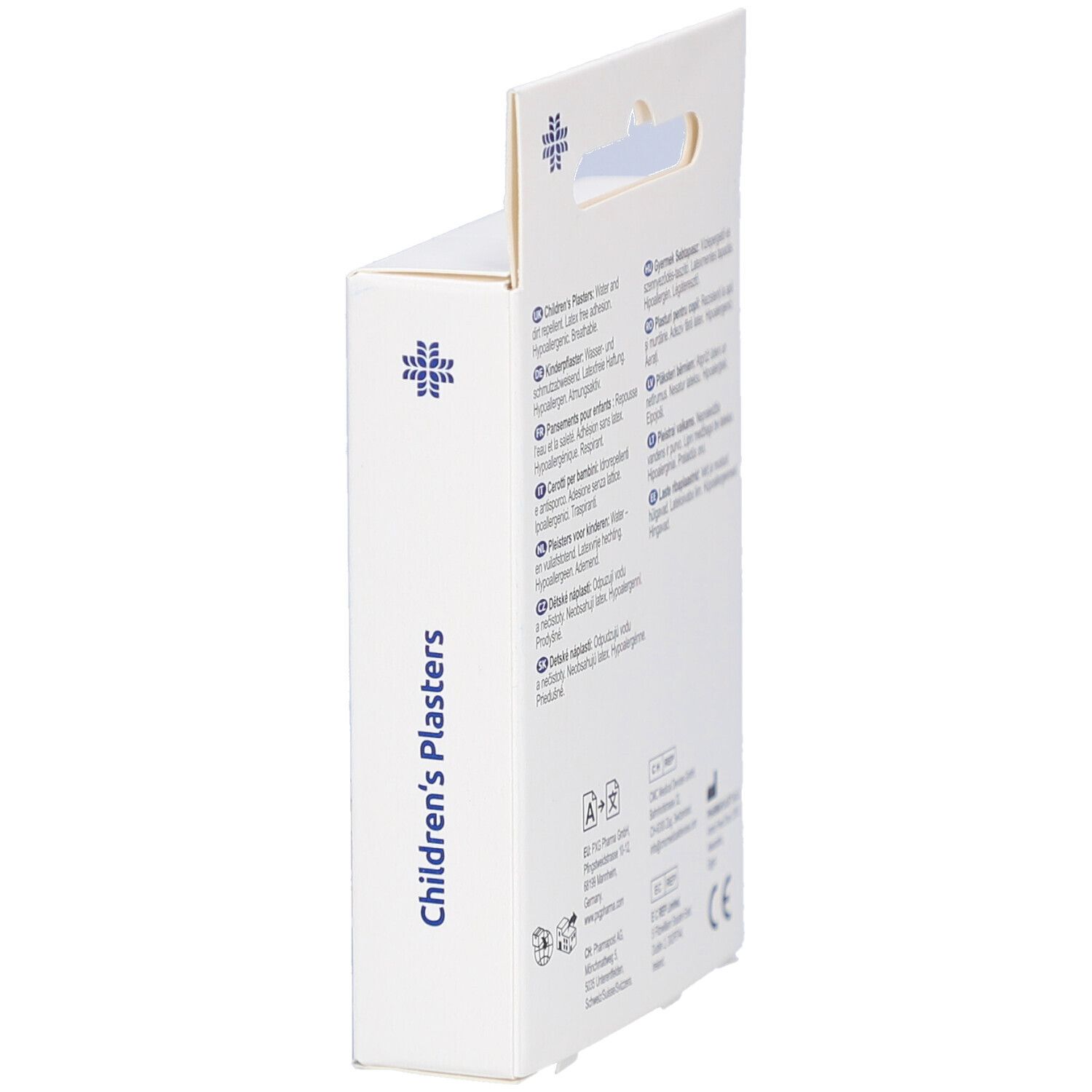 Seitenansicht der Verpackung mit Kinderpflastern. Text: Children's Plasters. Mit Aufhänger.