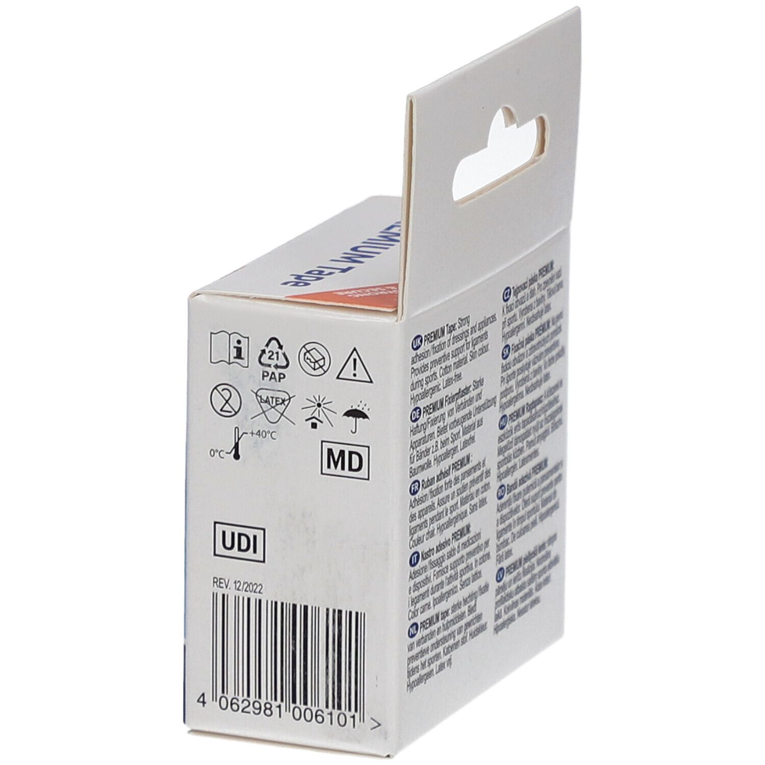 Emballage LIVSANE Premium Tape. Code UDI et avertissements. Marquage MD. Indication de température.