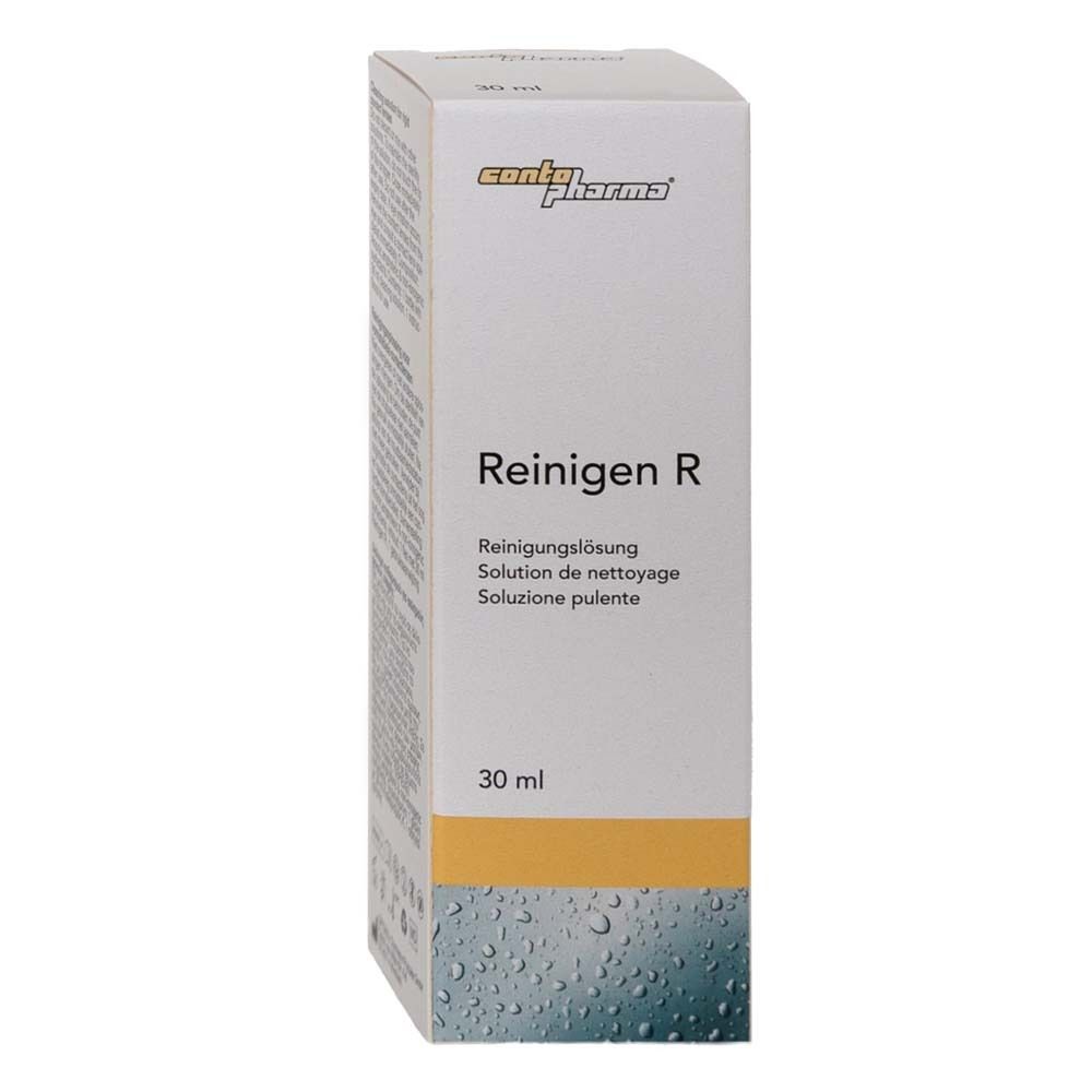 Solution nettoyante Reinigen R de contopharma®. Boîte blanche avec nom du produit et indication 30 ml.
