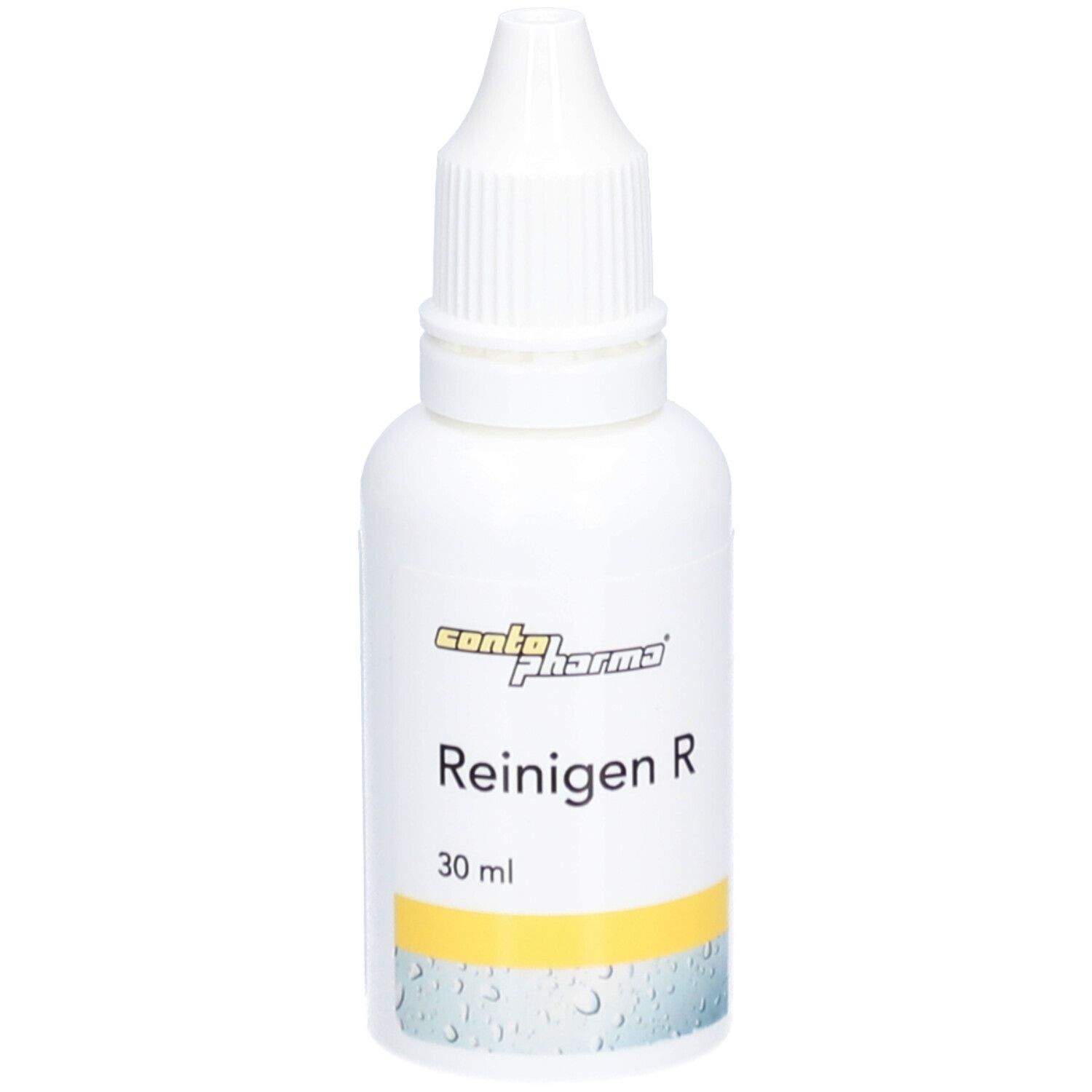 Flacon blanc Reinigen R de contopharma® avec compte-gouttes. Bande jaune et indication 30 ml.