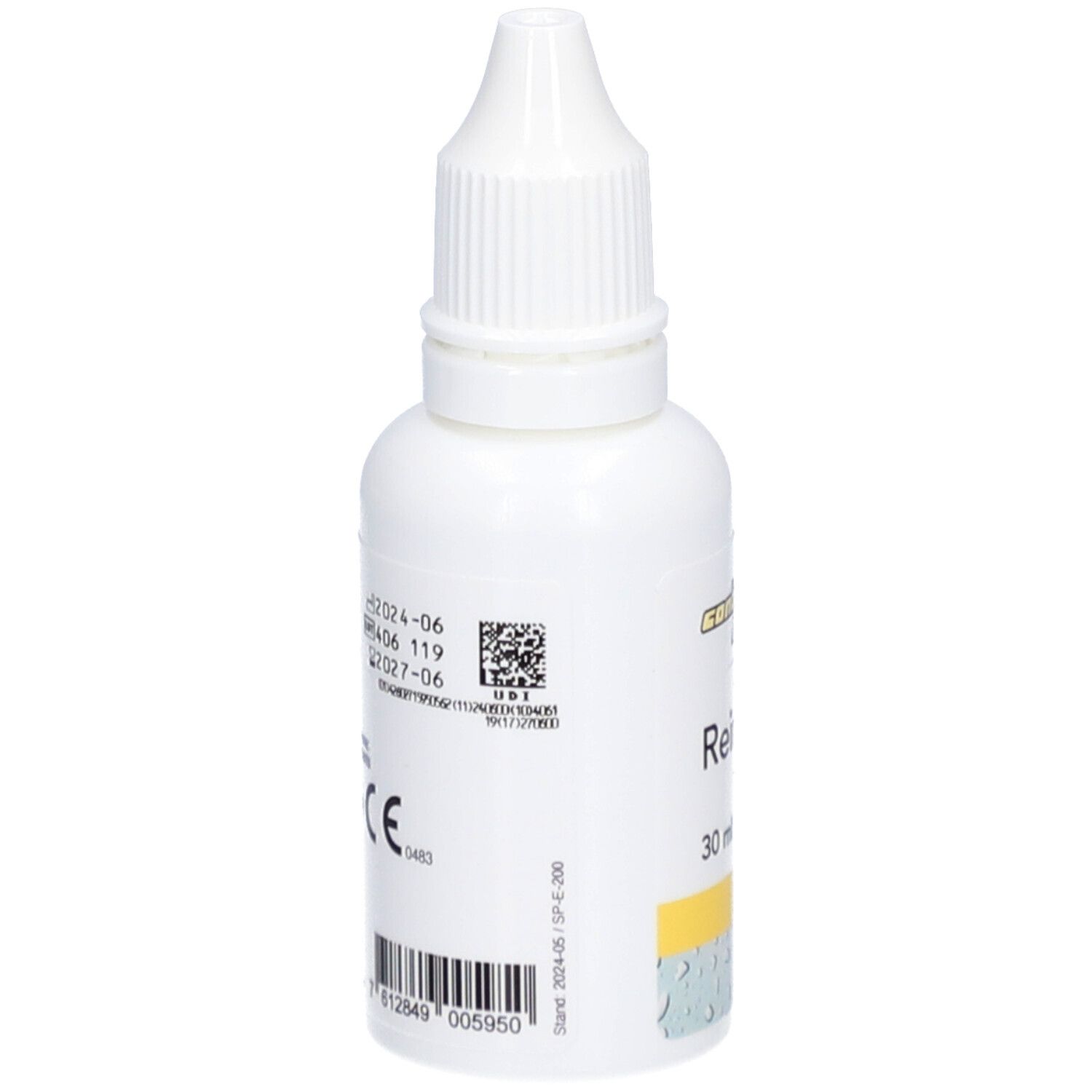 Flacon blanc Reinigen R de contopharma® avec compte-gouttes. Informations produit et code QR.