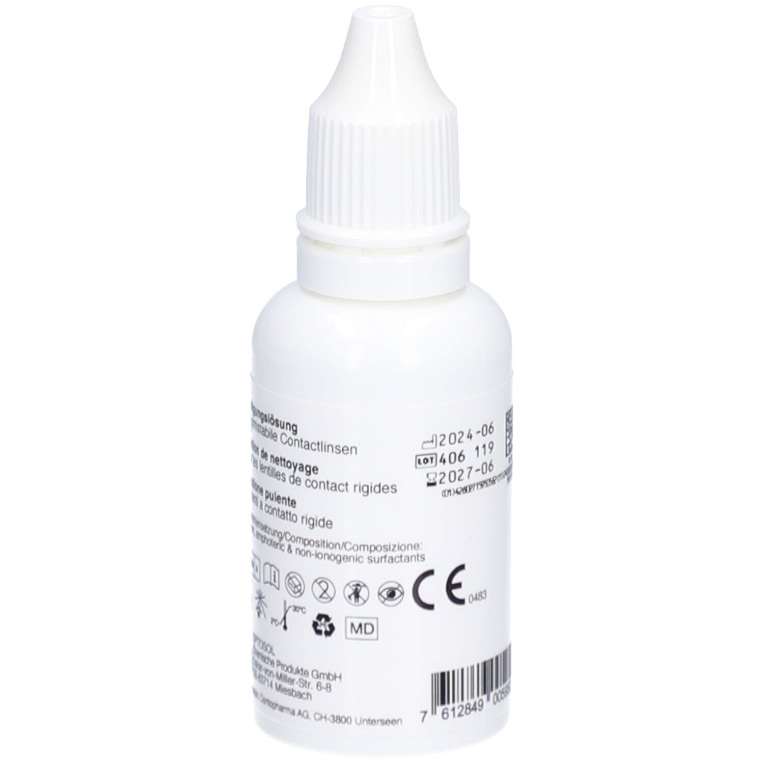 Flacon blanc Reinigen R de contopharma® avec compte-gouttes. Informations produit et marquage CE.