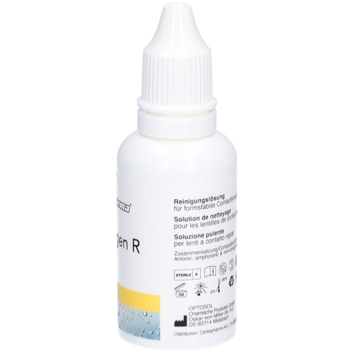 Flacon blanc Reinigen R de contopharma® avec compte-gouttes. Informations produit et symboles.