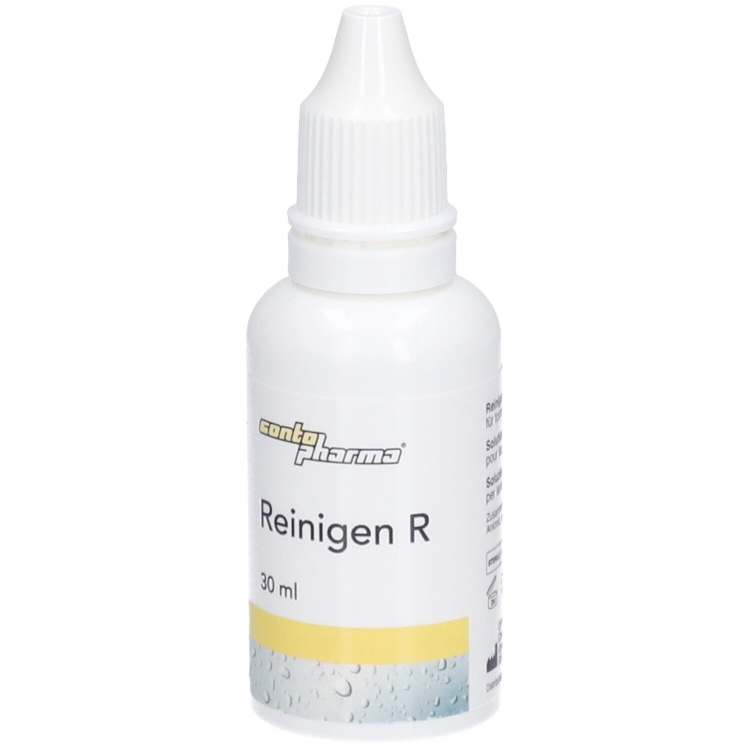 Flacon blanc Reinigen R de contopharma® avec compte-gouttes. Bande jaune et indication 30 ml.