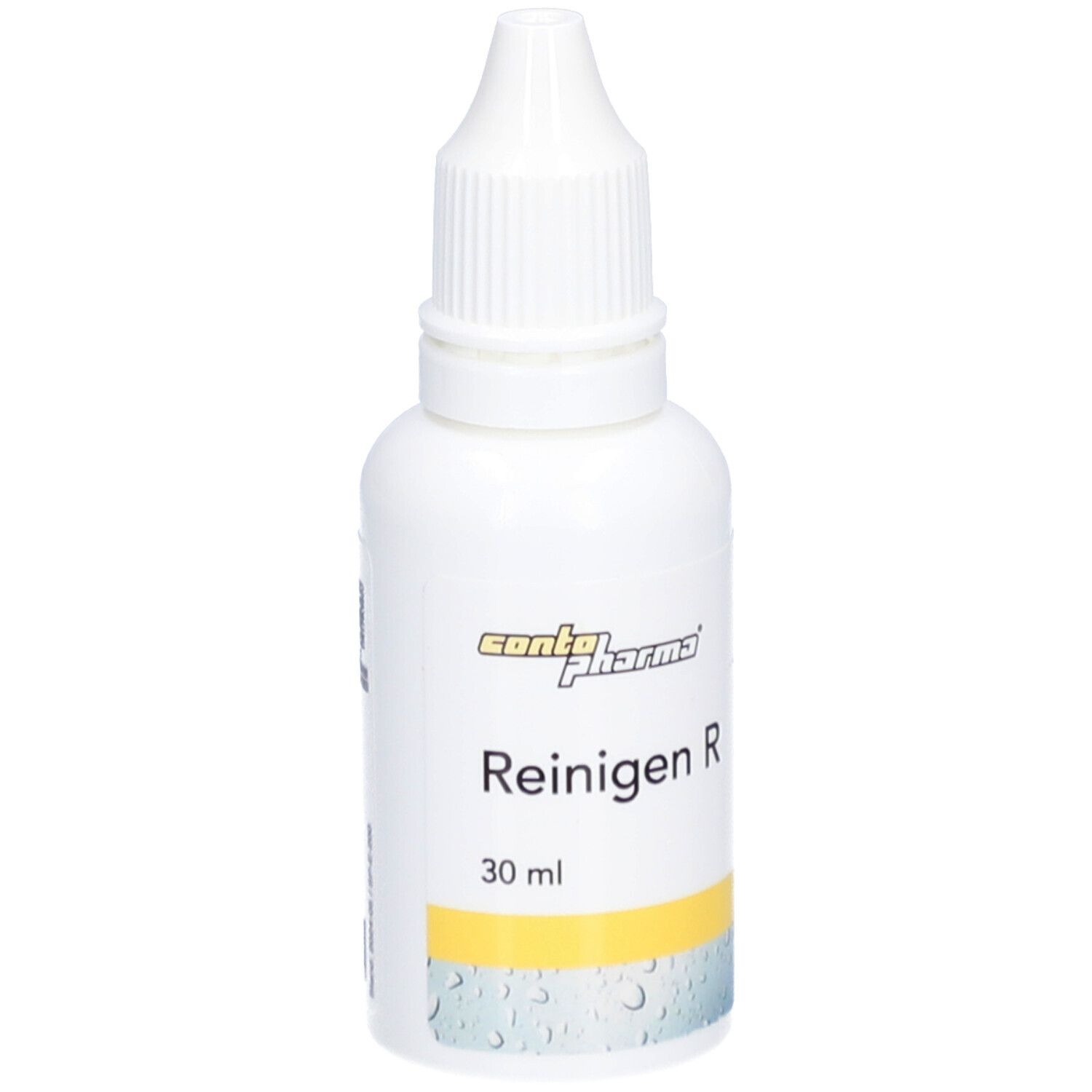 Flacon blanc Reinigen R de contopharma® avec compte-gouttes. Bande jaune et indication 30 ml.