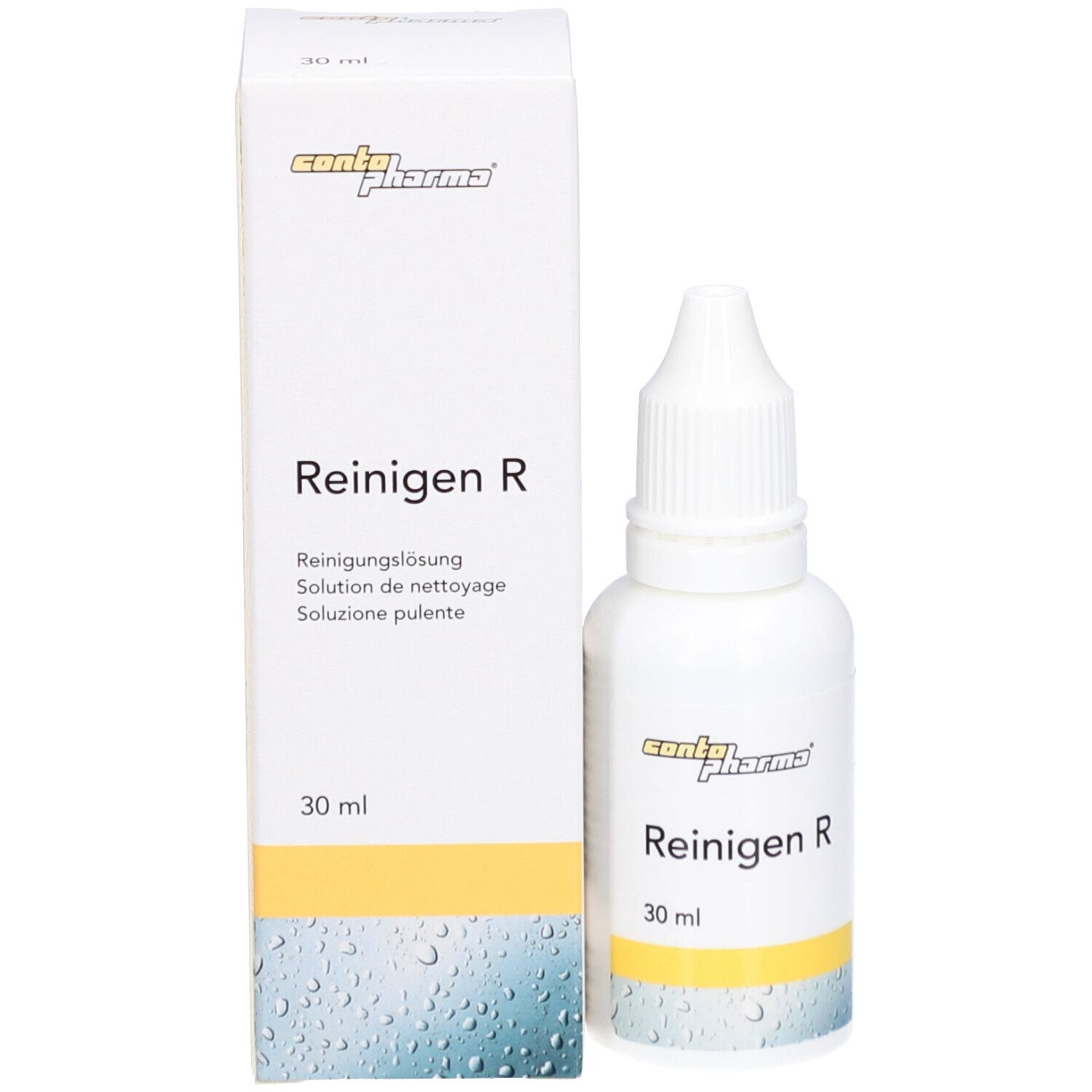 Flacon blanc Reinigen R de contopharma® avec compte-gouttes et boîte. 30 ml.