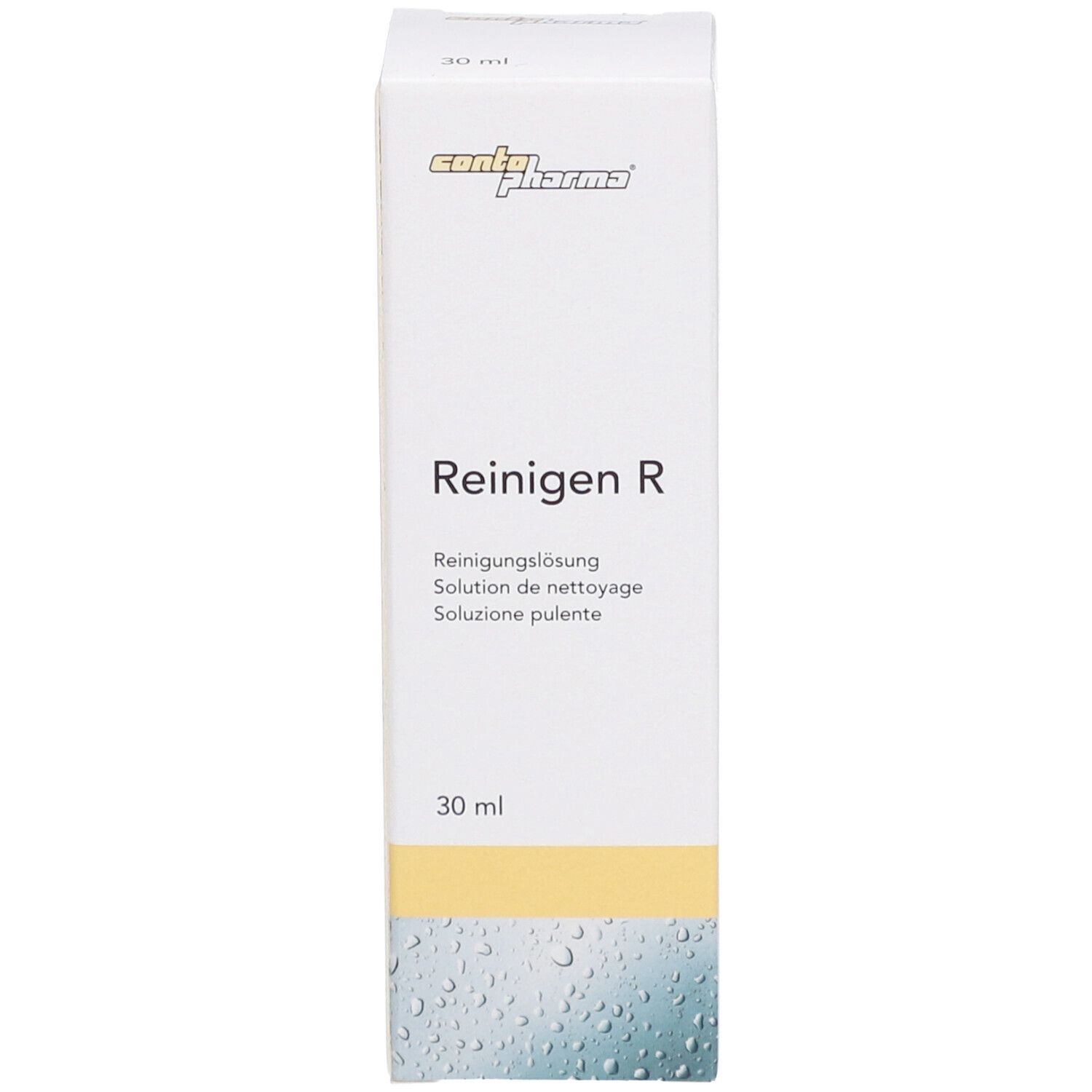 Boîte blanche Reinigen R de contopharma®. Nom du produit, formule nettoyante et 30 ml.