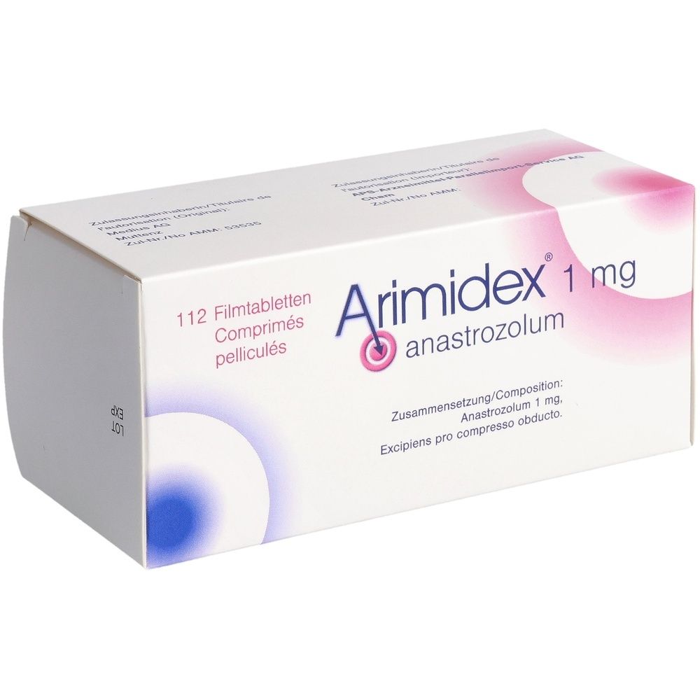 Boîte de comprimés Arimidex 1 mg. Boîte blanche avec accents roses et violets. Contient 112 comprimés pelliculés. Inscription : Anastrozolum.