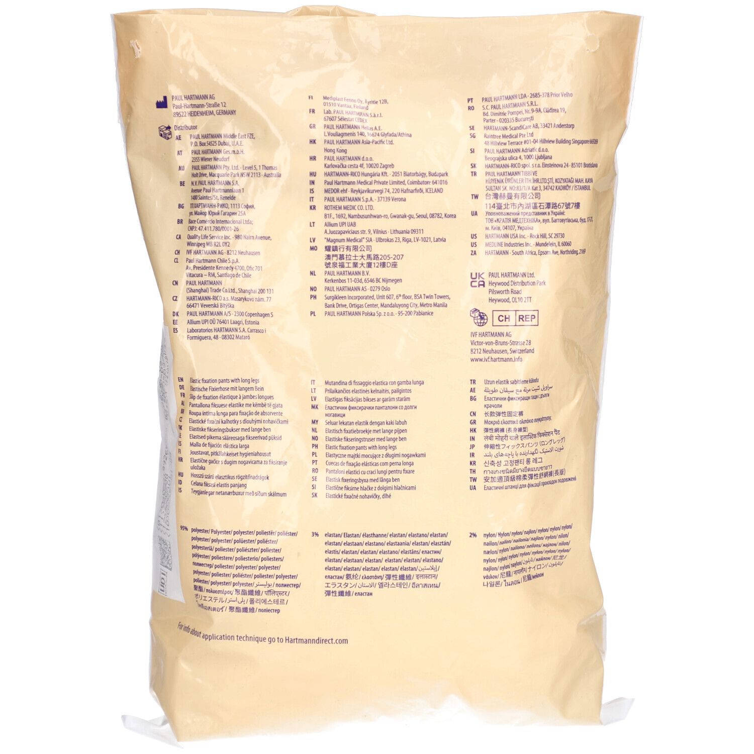 Rückseite der Verpackung mit Texten in verschiedenen Sprachen. Marke MoliCare, Hartmann. CH-Adresse.