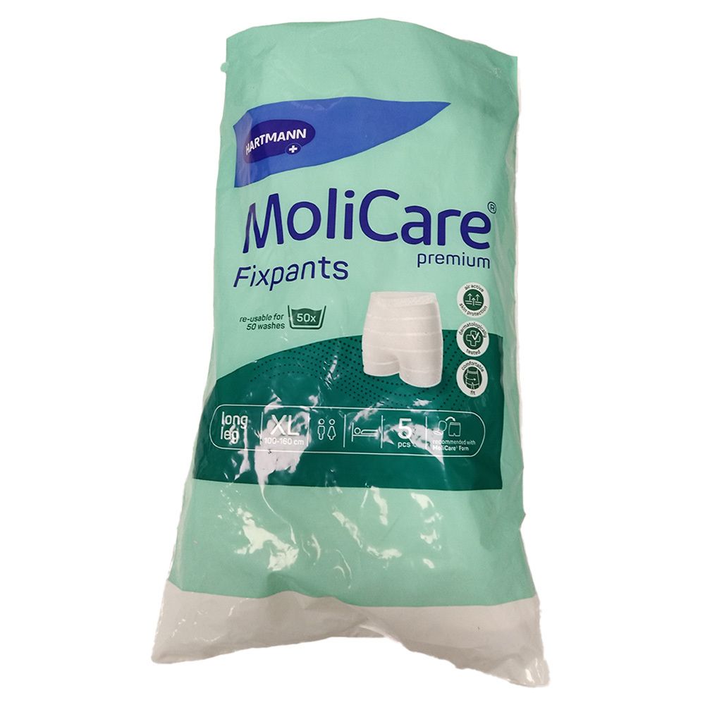 Hartmann MoliCare Premium Fixhose XLarge in Verpackung. Hellgrüne Tüte mit Produktabbildung und Schriftzug. Enthält 50 Stück.