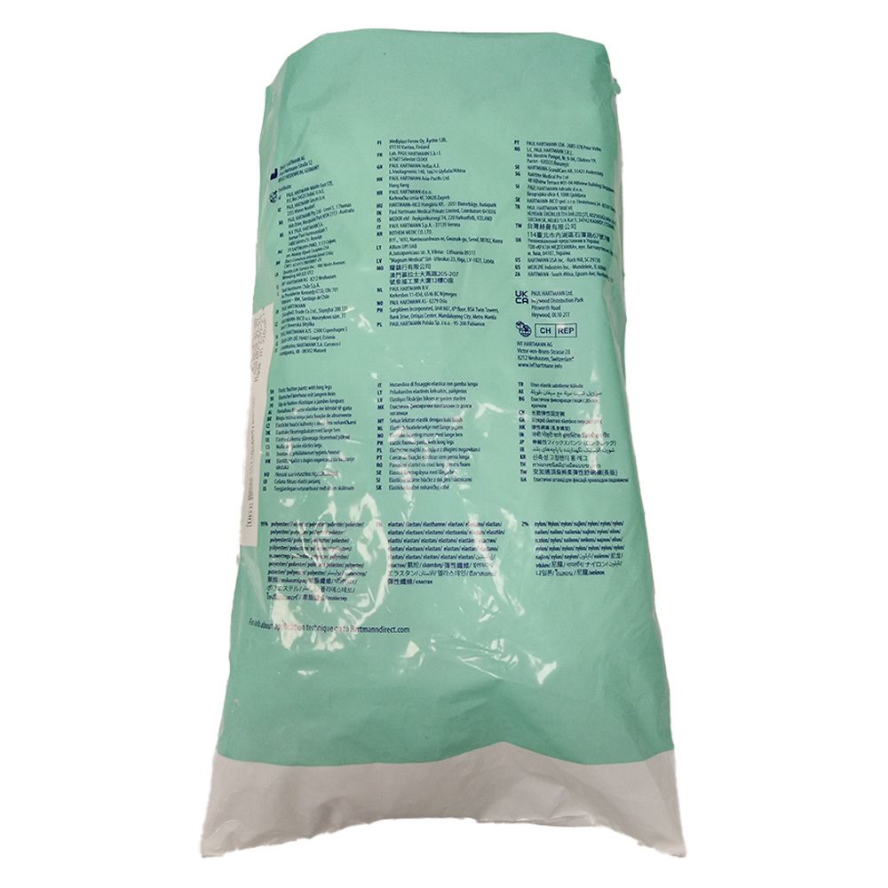 Rückseite der Verpackung Hartmann MoliCare Premium Fixhose XLarge. Hellgrüner Beutel mit mehrsprachigem Text.