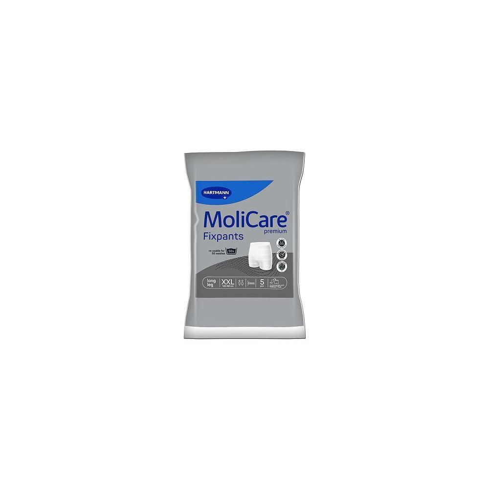 Verpackung MoliCare Fixpants, grau-weiß. Logo Hartmann und Produktname. XXL, 140-180 cm. Abbildung der Fixpants. Drei Kreise.
