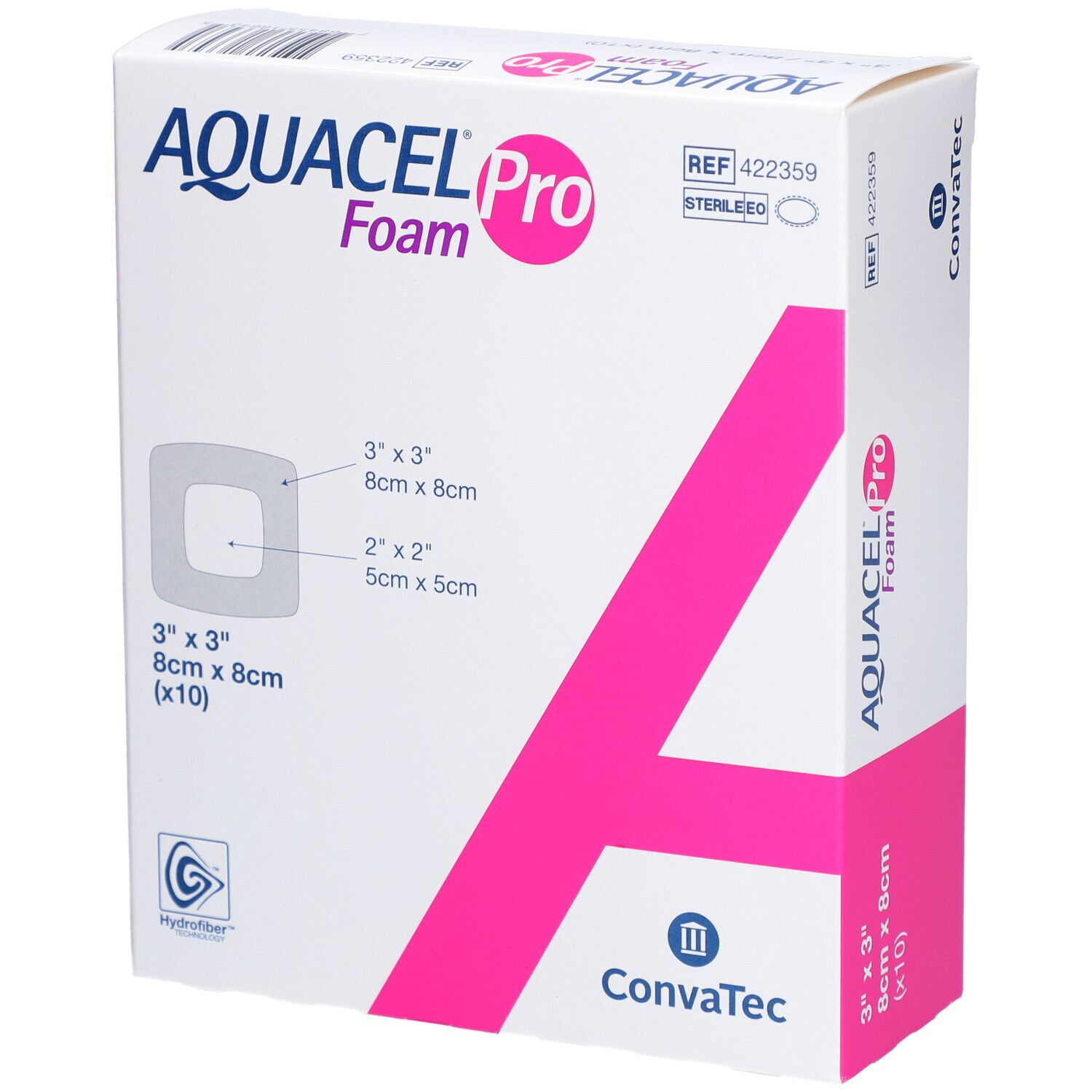 Verpackung AQUACEL Pro Foam. Rosa Akzent. Quadratische Darstellung der Pflastergrößen.