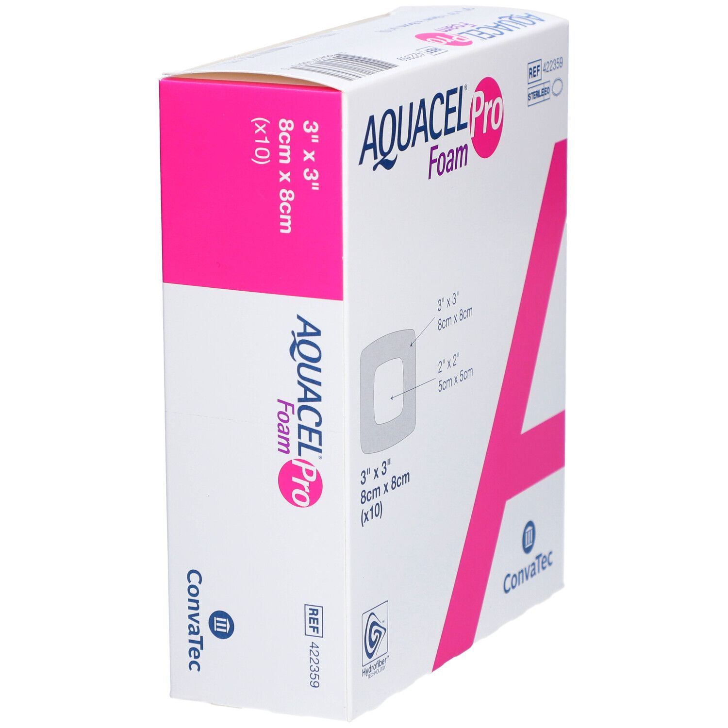 AQUACEL Pro Foam-Verpackung. Rosa Akzent. Seitenansicht mit Größenangaben.