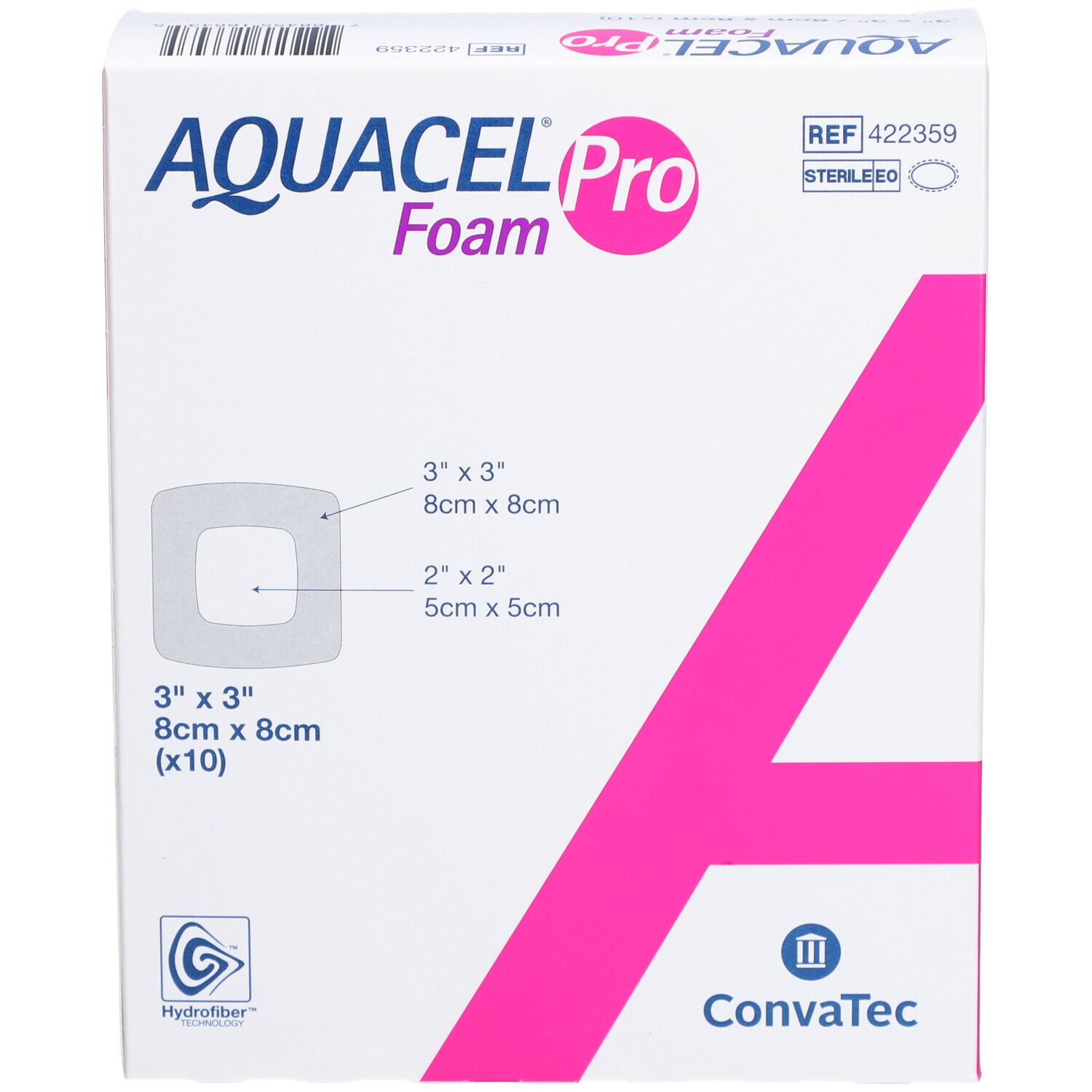 AQUACEL Pro Foam-Verpackung. Rosa Akzent. Größenangaben und Produktname.