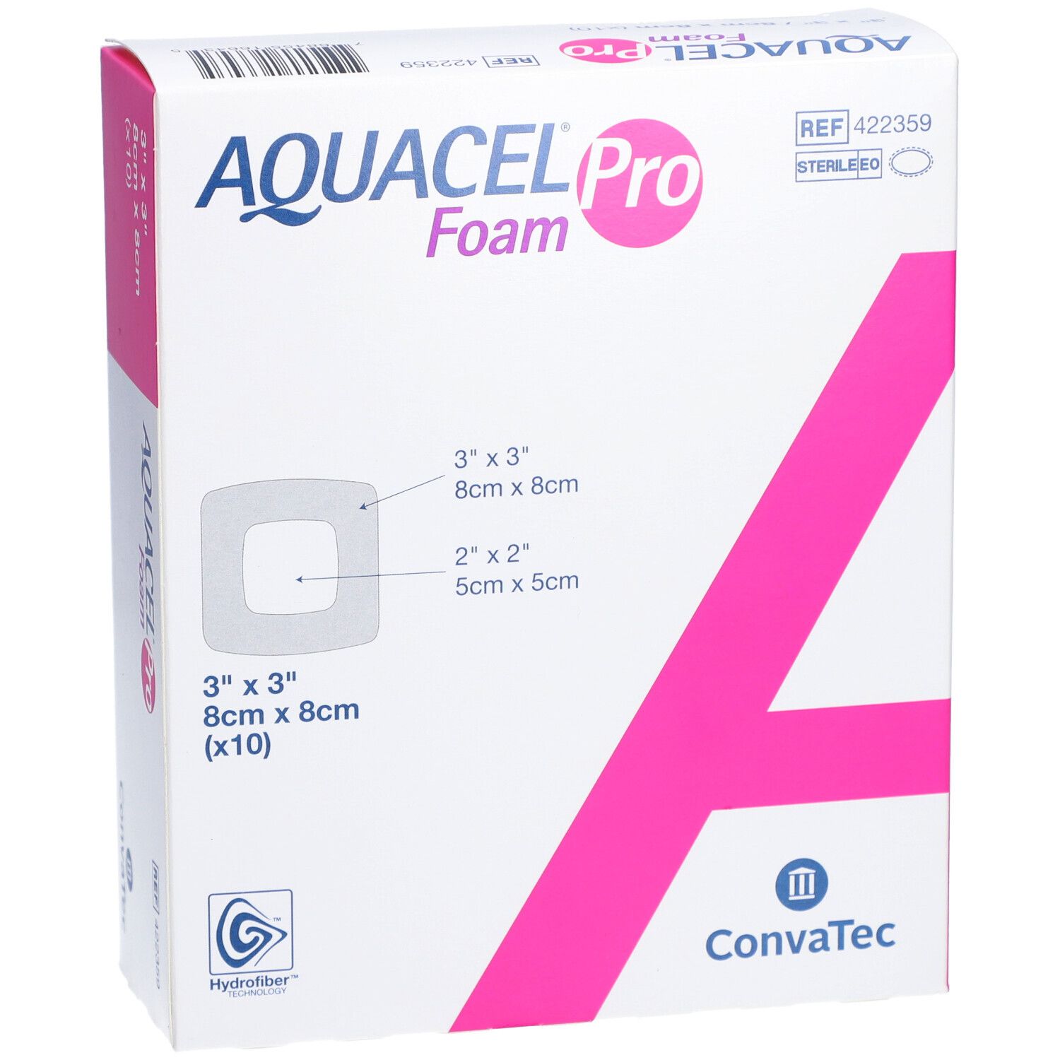 AQUACEL Pro Foam-Verpackung. Rosa Akzent. Größenangaben und Produktname.