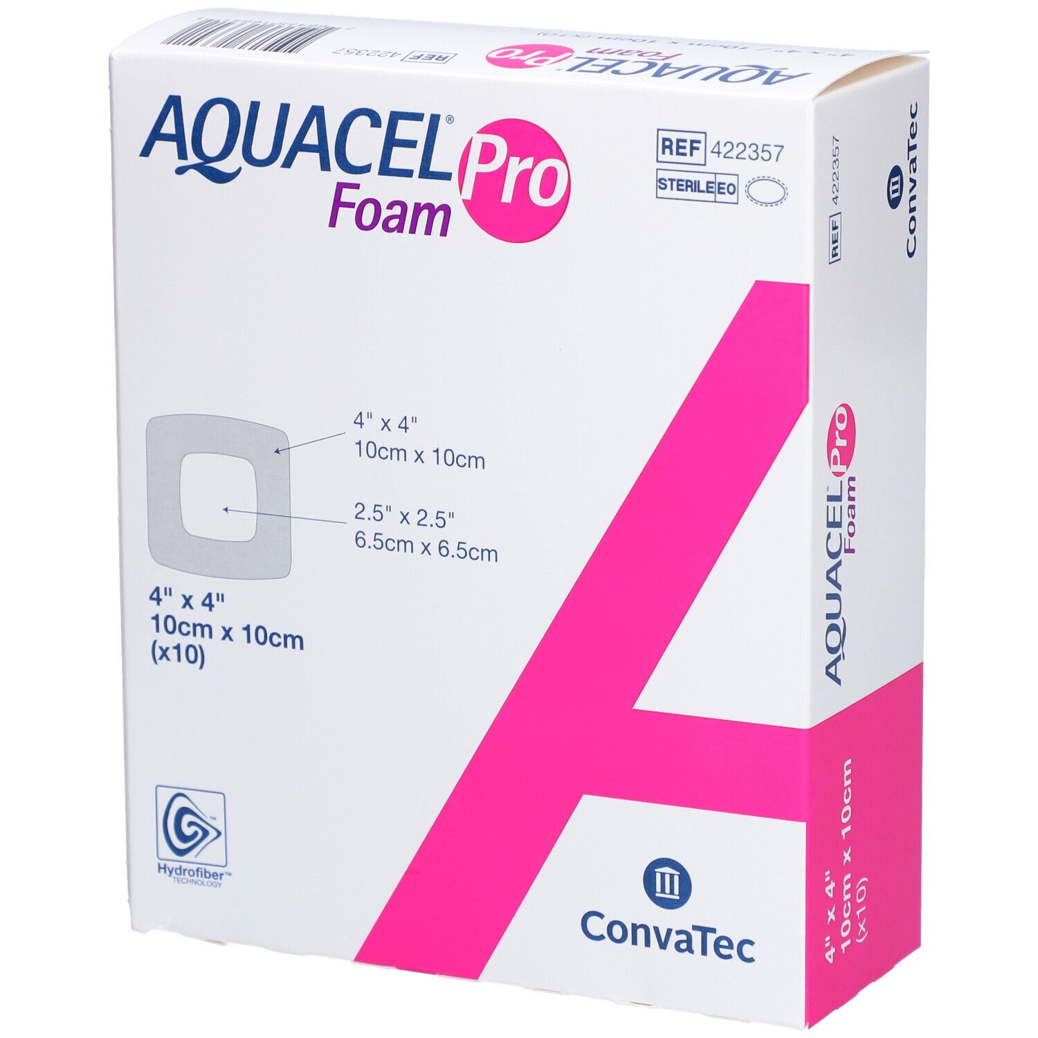 Verpackung von AQUACEL Pro Foam. Quadratische Pflaster, 10x10cm. Enthält 10 Stück. Marke Convatec.