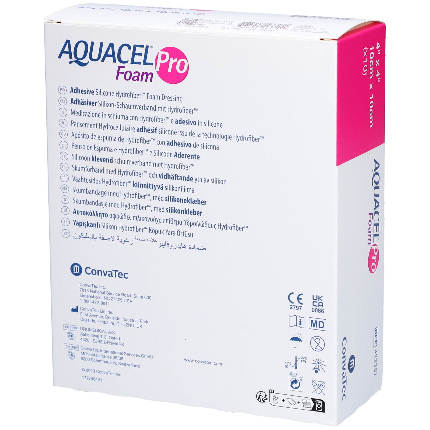 Rückseite der Verpackung von AQUACEL Pro Foam. Text in mehreren Sprachen. Convatec-Logo und Zertifizierungen.
