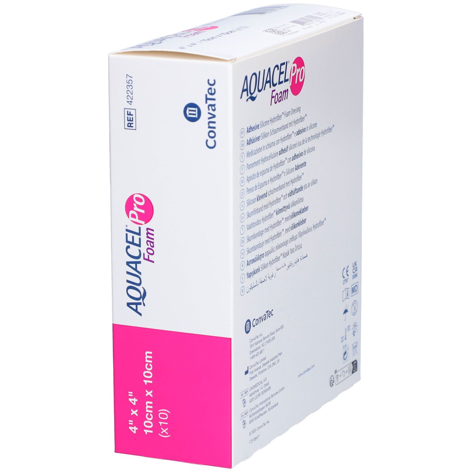 AQUACEL Pro Foam-Verpackung. Quadratische Pflaster, 10x10cm. Convatec-Marke. Rosa Akzent.