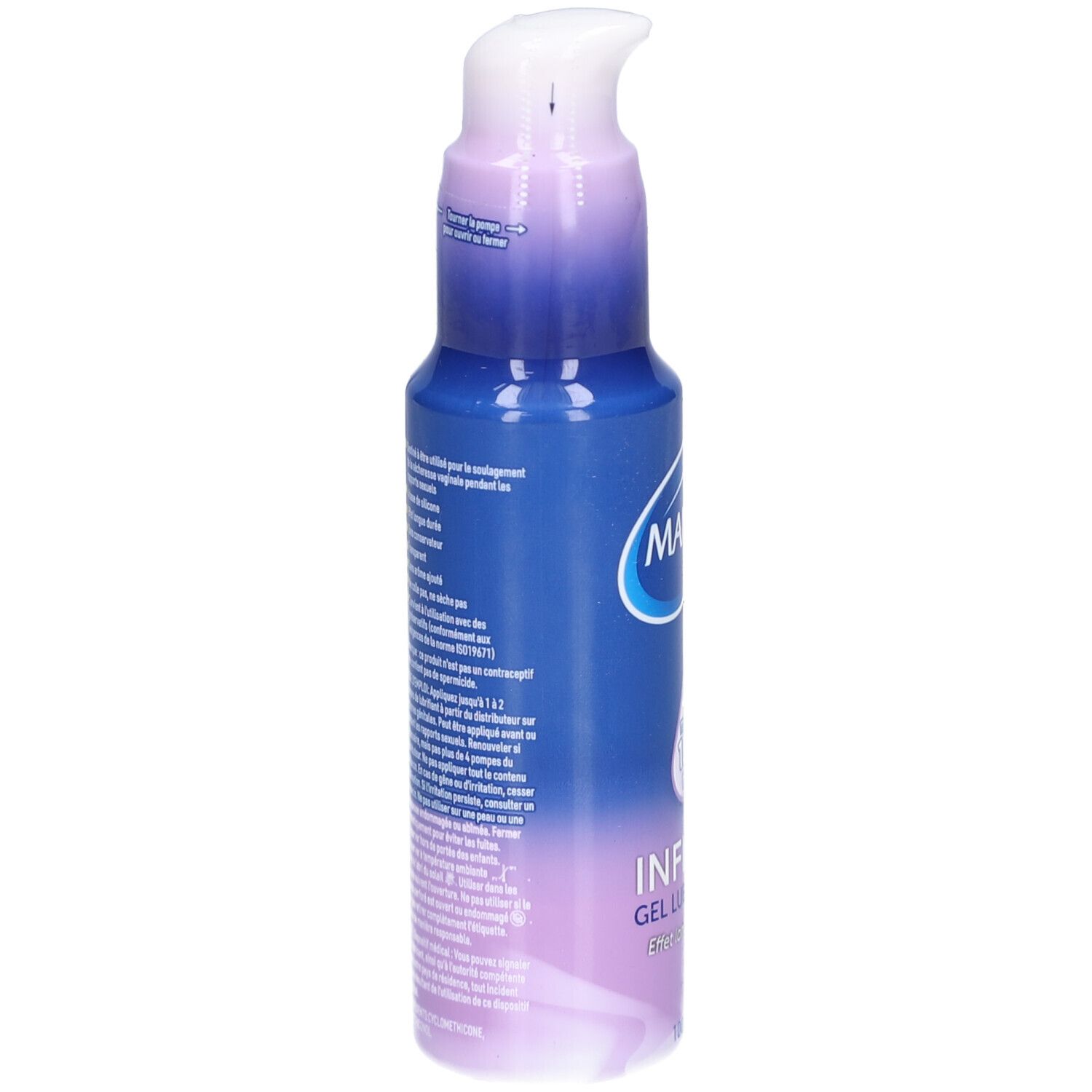 Blau-violette Flasche mit weißem Pumpkopf. MANIX-Logo, Produktname INFINITI Gel Lubrifiant. Text auf der Seite.