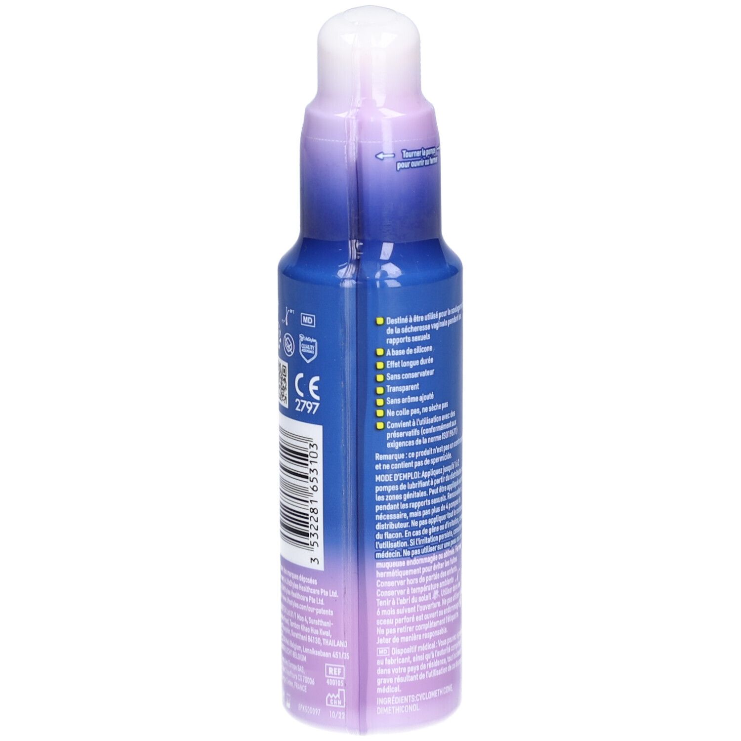 Rückseite der blau-violetten Flasche mit weißem Pumpkopf. Text, CE-Kennzeichnung, Barcode.