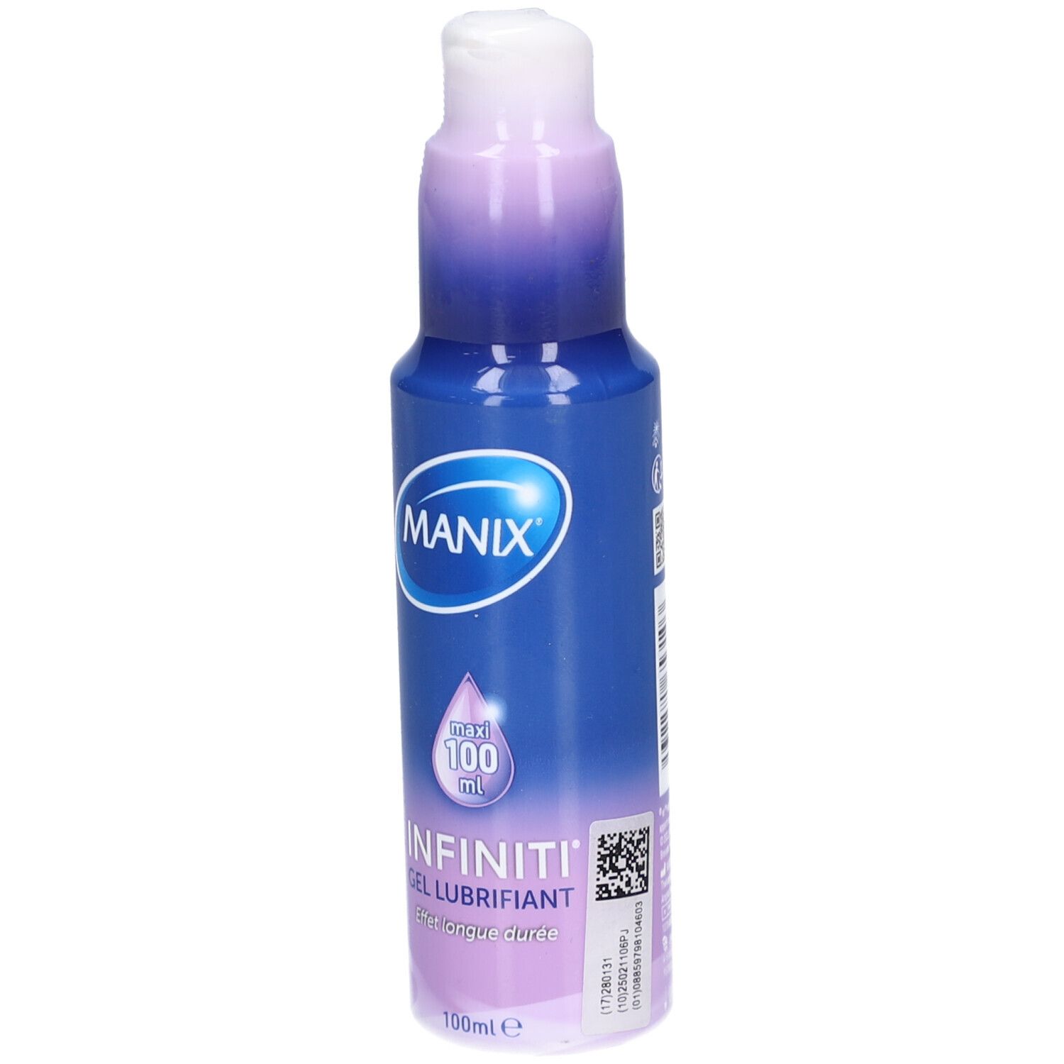 Blau-violette Flasche mit weißem Pumpkopf. MANIX-Logo, Produktname INFINITI Gel Lubrifiant. 100ml.