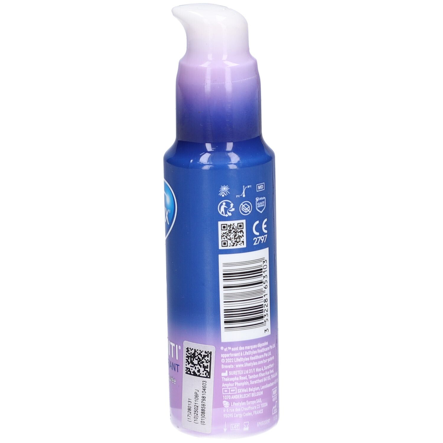 Rückseite der blau-violetten Flasche mit weißem Pumpkopf. Text, CE-Kennzeichnung, Barcode.