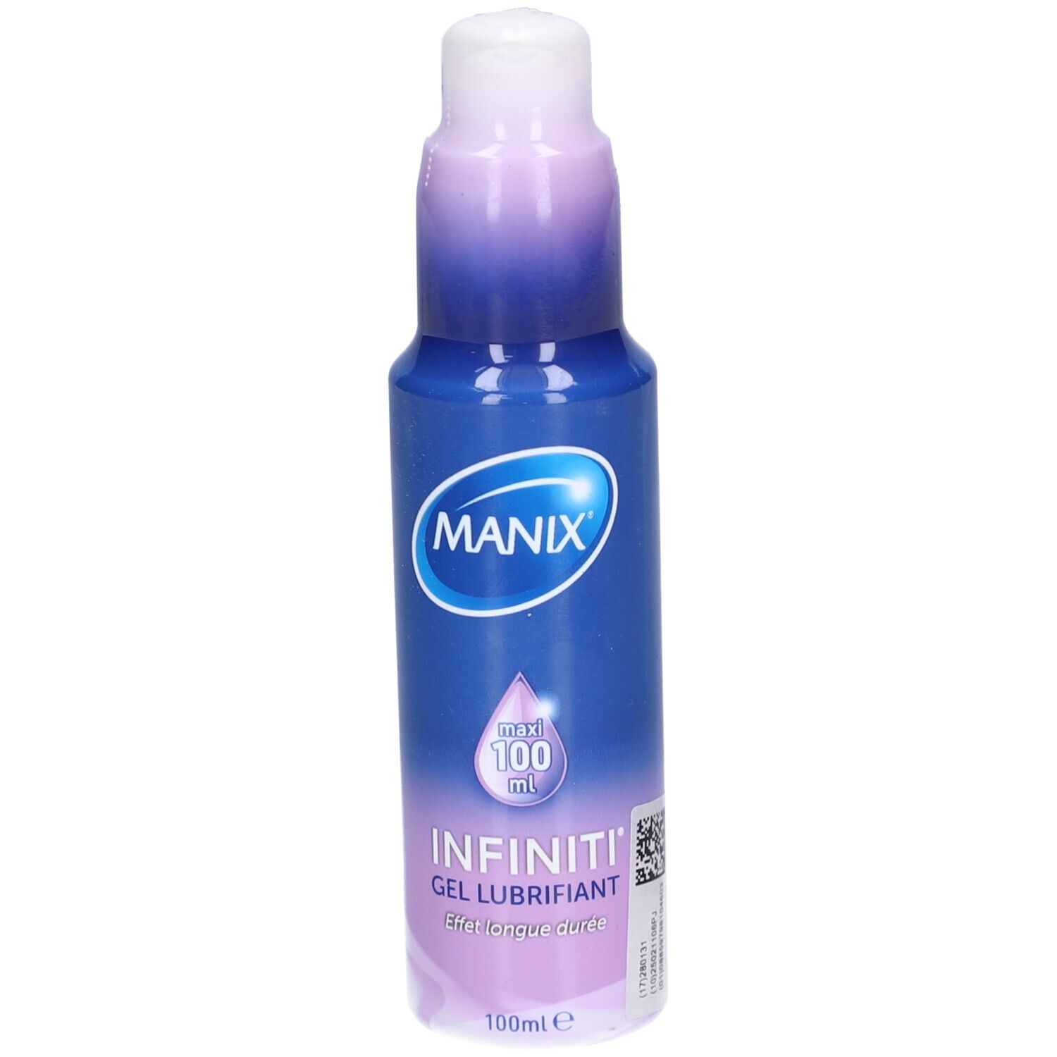 Blau-violette Flasche mit weißem Pumpkopf. MANIX-Logo, Produktname INFINITI Gel Lubrifiant. 100ml.