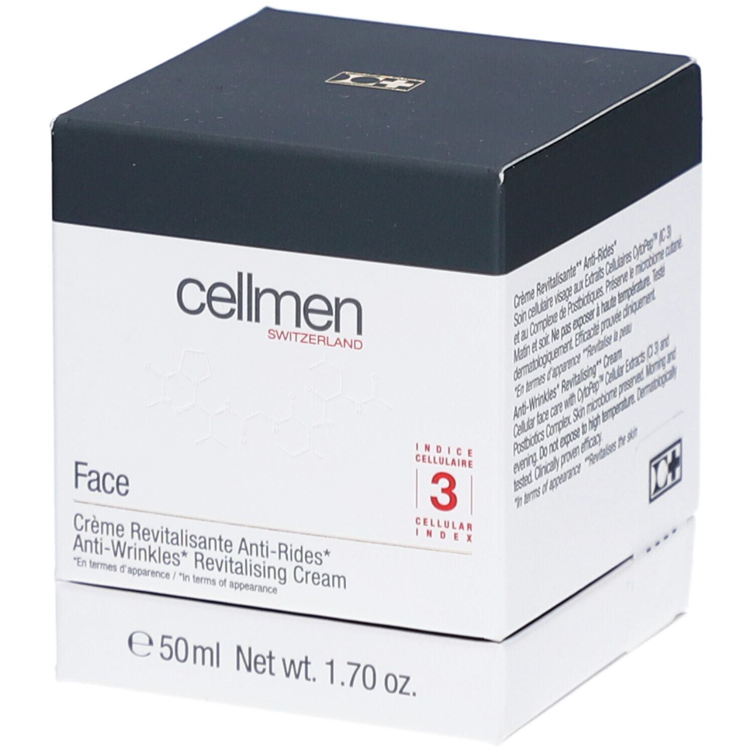 Weiß-schwarzer Kosmetik-Karton. Aufschrift: cellmen, Face, Crème Revitalisante Anti-Rides, 50ml, Net wt. 1.70 oz. Indice Cellulaire 3.