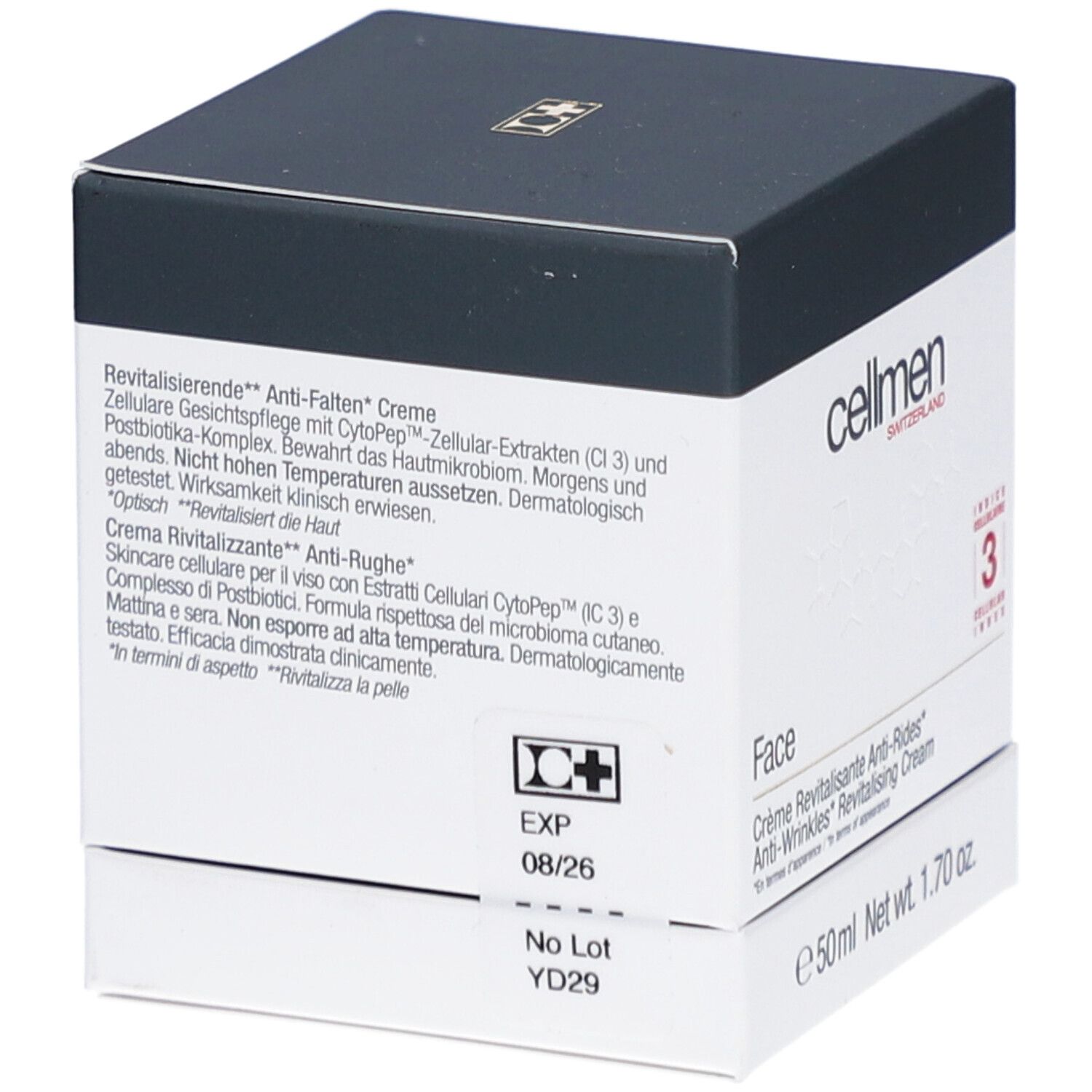 Weiß-schwarzer Kosmetik-Karton. Aufschrift: cellmen, EXP 08/26, No Lot YD29. Text in Deutsch, Französisch und Italienisch.