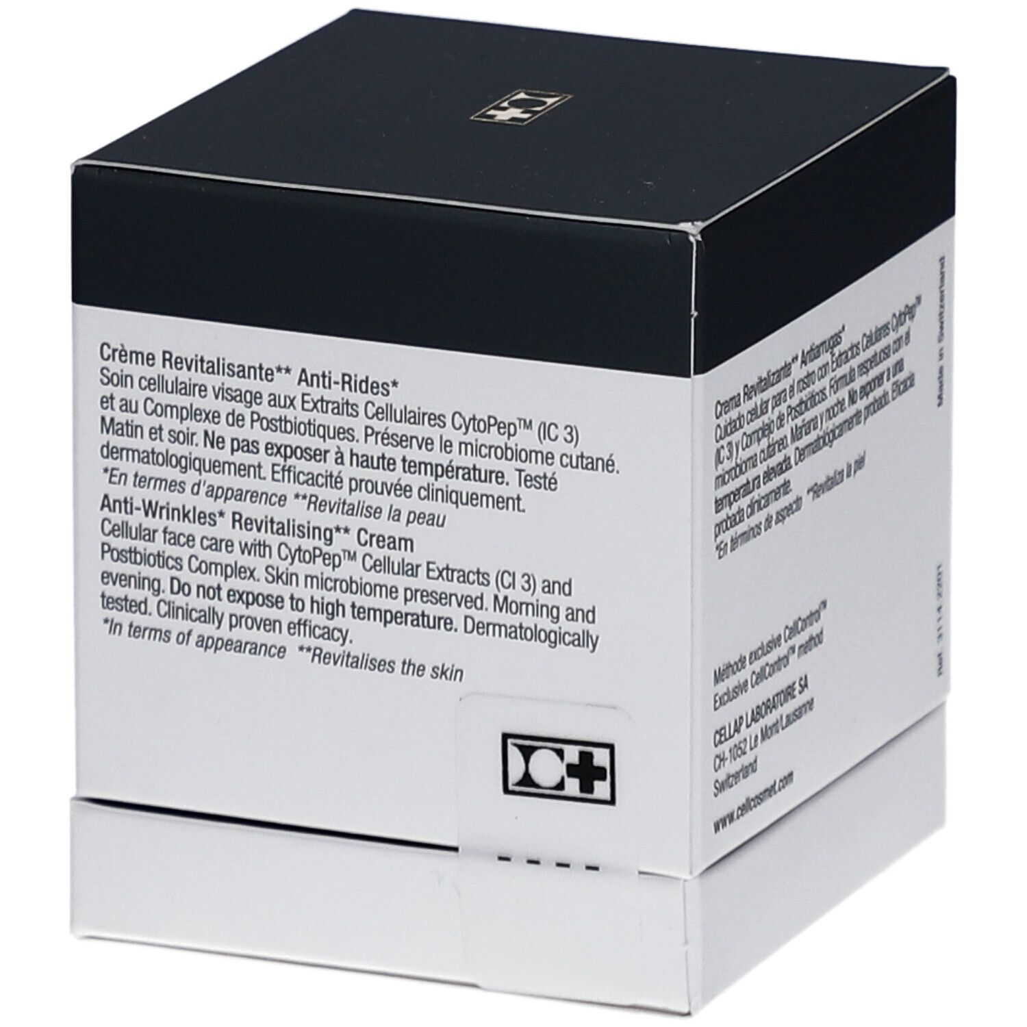 Weiß-schwarzer Kosmetik-Karton. Text in Französisch und Englisch. Aufschrift: Crème Revitalisante Anti-Rides, Anti-Wrinkles Revitalising Cream.