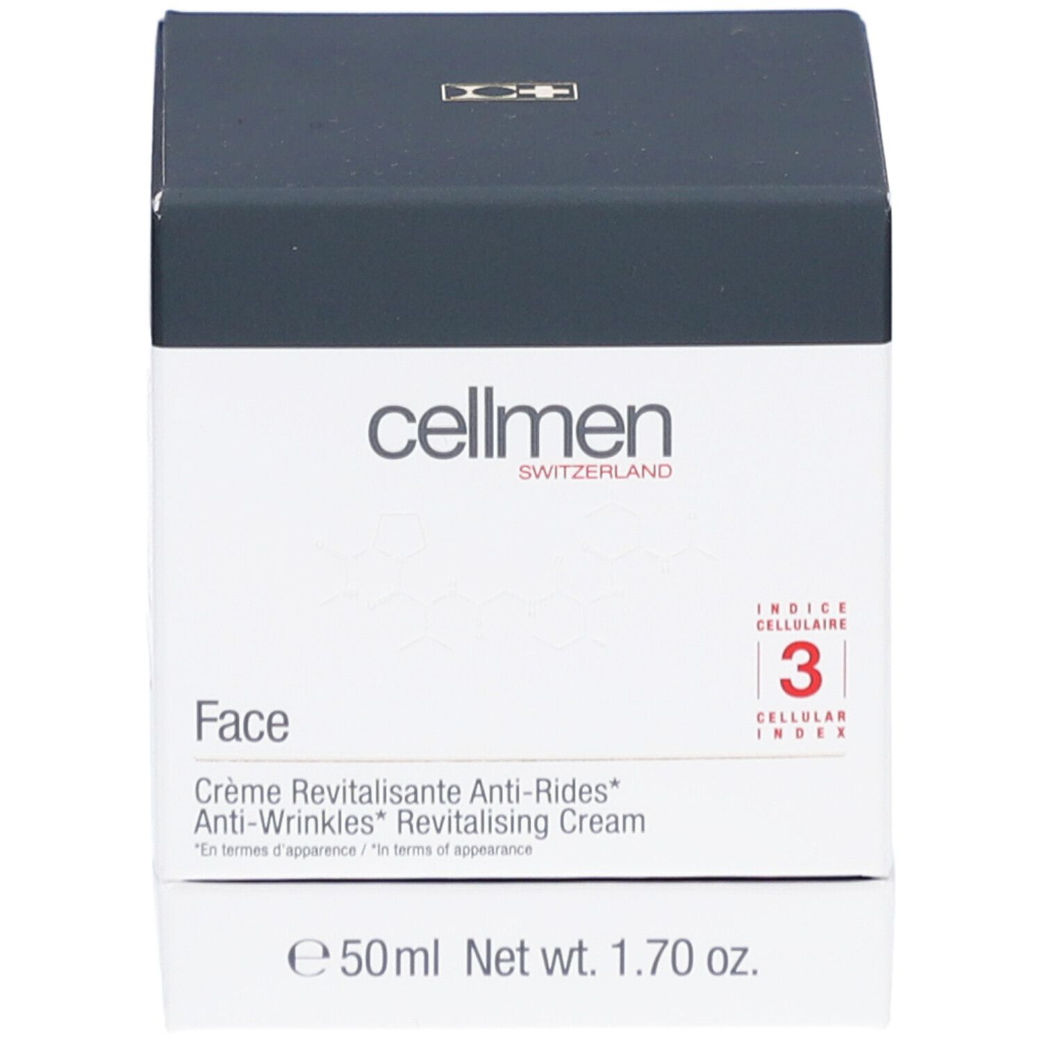 Weiß-schwarzer Kosmetik-Karton. Aufschrift: cellmen, Face, Crème Revitalisante Anti-Rides, 50ml, Net wt. 1.70 oz. Indice Cellulaire 3.