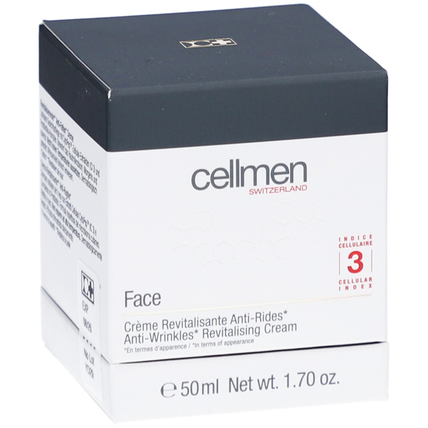 Weiß-schwarzer Kosmetik-Karton. Aufschrift: cellmen, Face, Crème Revitalisante Anti-Rides, 50ml, Net wt. 1.70 oz. Indice Cellulaire 3.